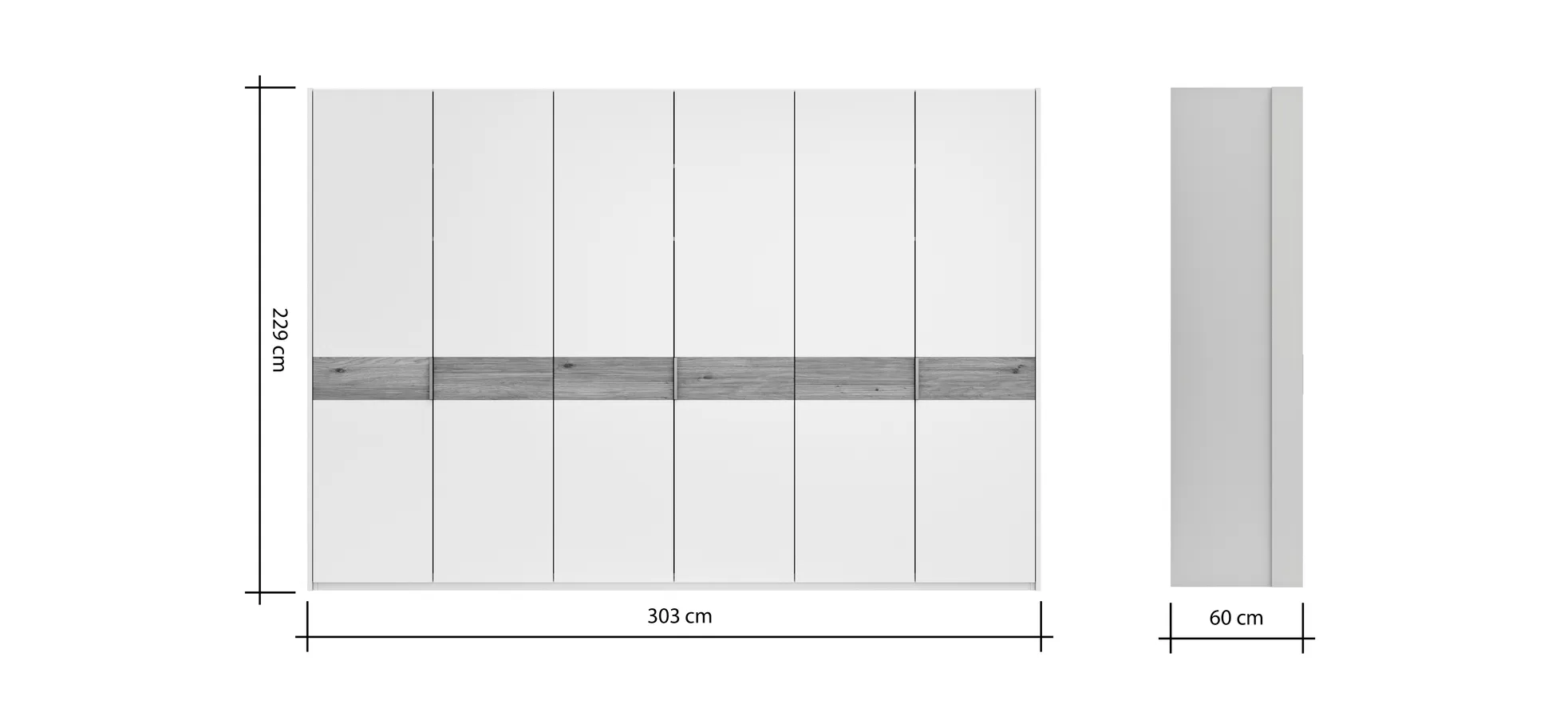 Drehtürenschrank Viana - B ca. 303 cm, Lack, Weiß, Riffholz, Wildeiche