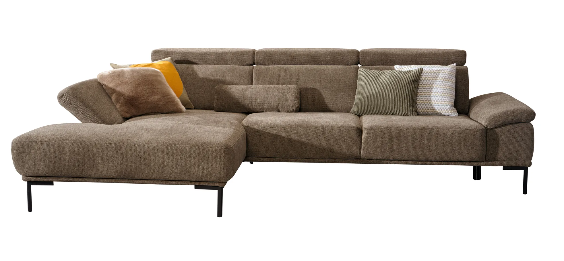 Ecksofa - Longchair links mit 2-Sitzer, Sitztiefe verstellbar, Stoff, Braungrün
