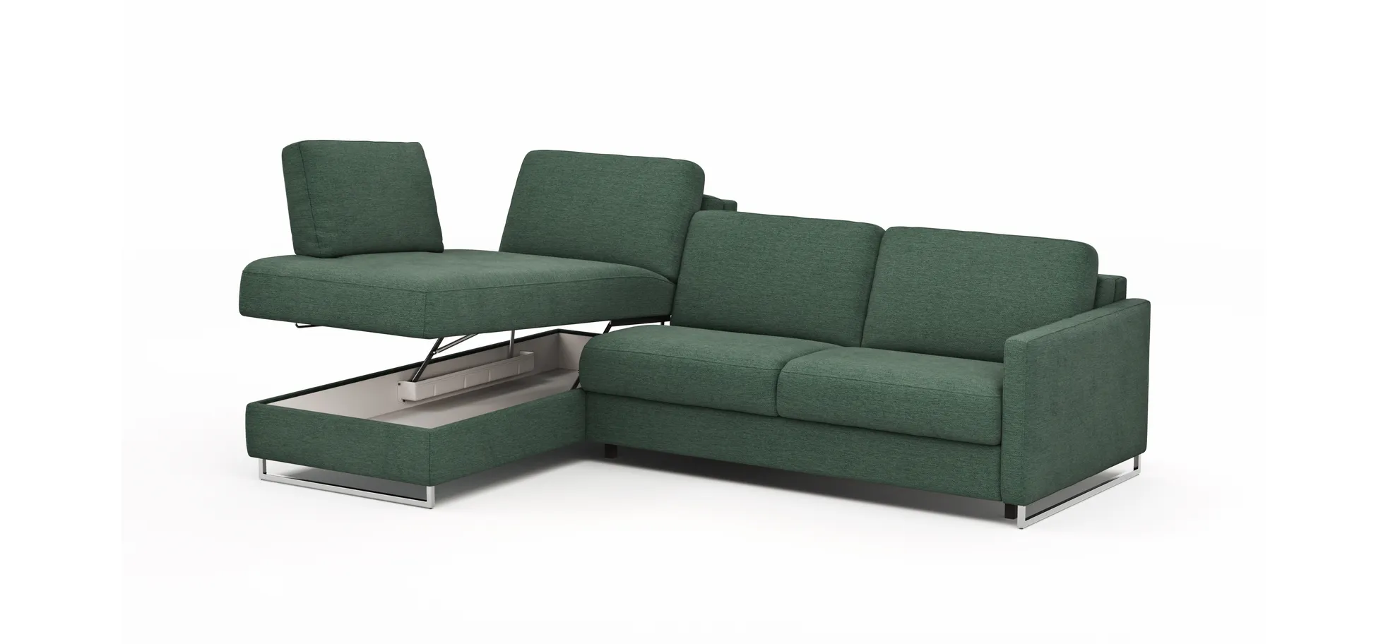 Ecksofa Nuoro - Longchair links mit 2-Sitzer inkl. Schlaffunktion und Bettkasten, Stoff, Dunkelgrün