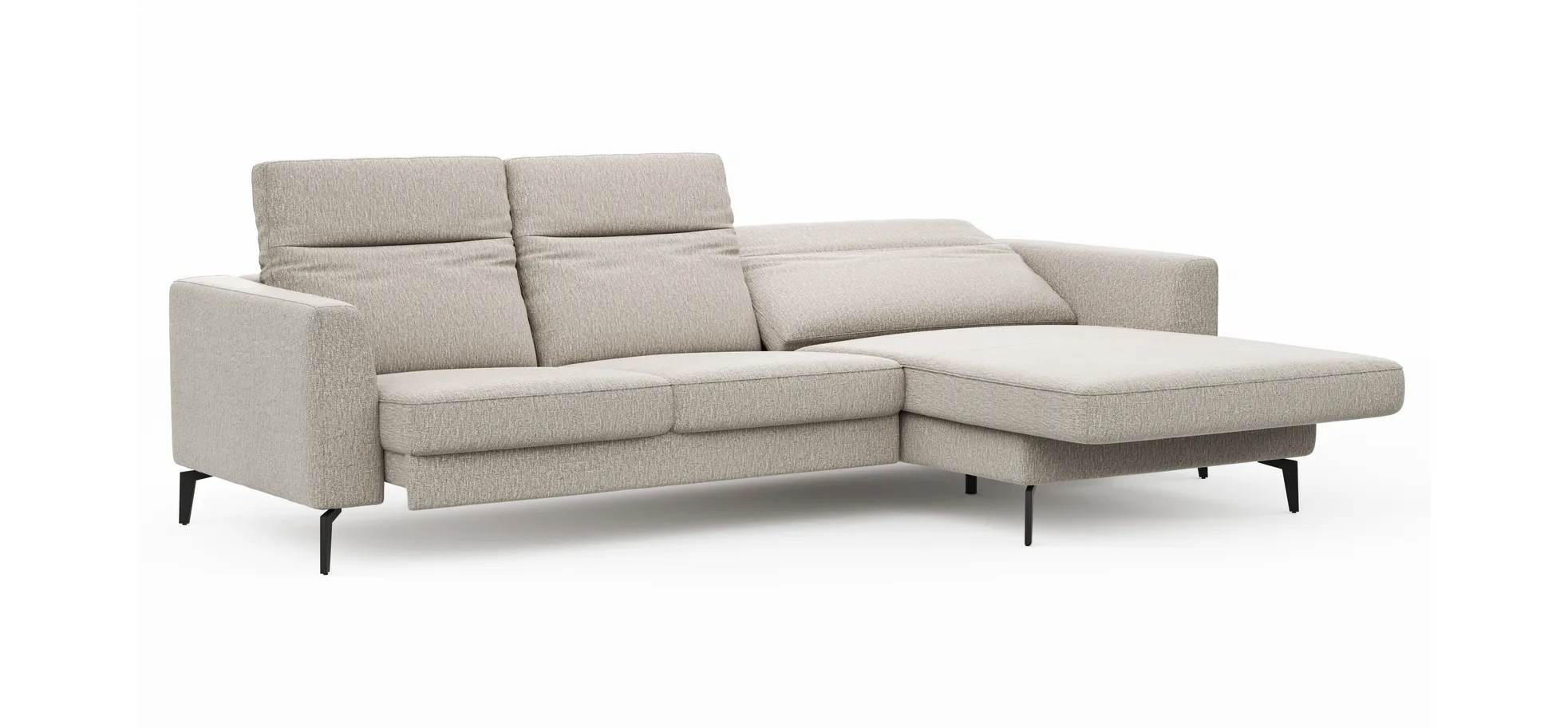 Ecksofa Rafaela 2.0 - 2,5-Sitzer mit Longchair rechts inkl. Sitzvorzug, Kopteilverstellung motorisch und Relaxfunktion motorisch im Longchair, Stoff, Champagner