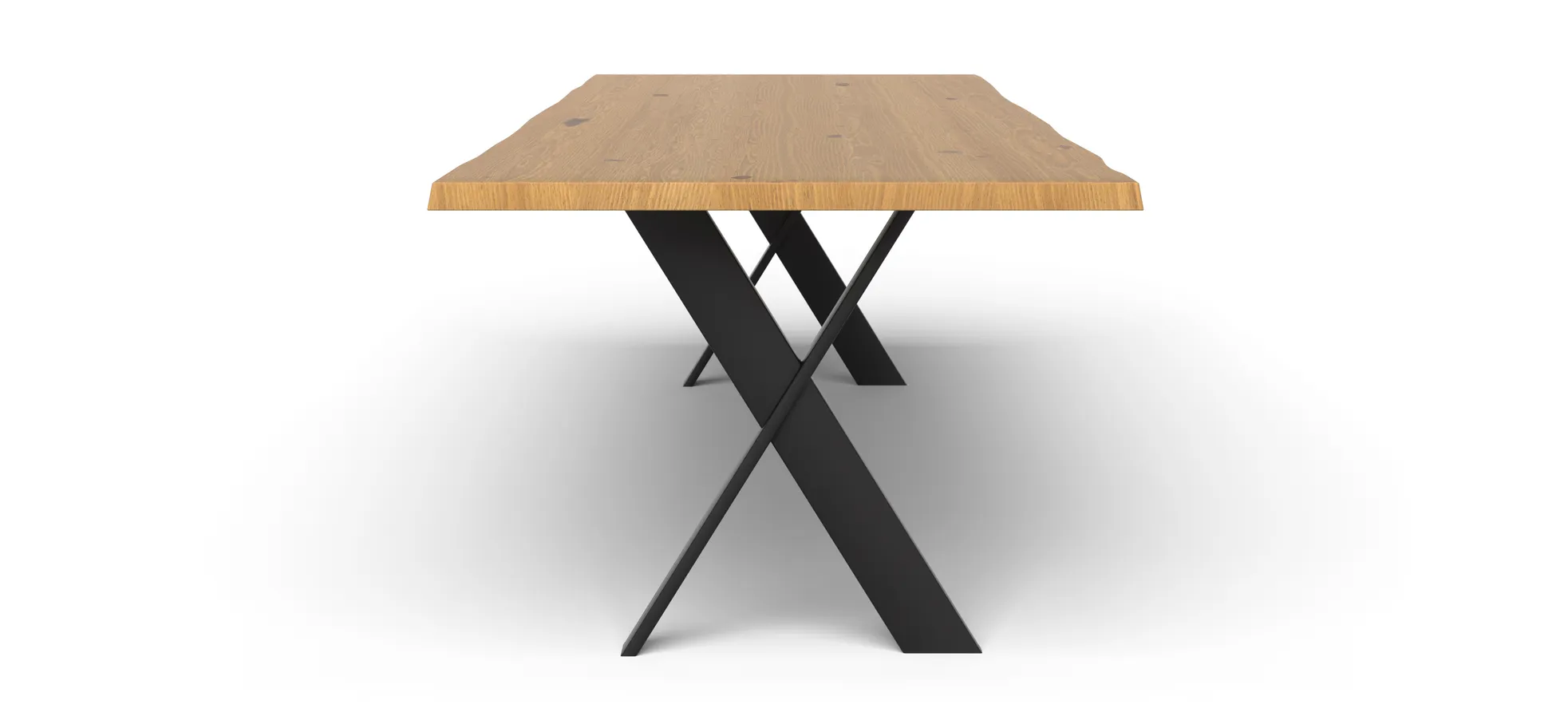 Esstisch 3100 - LB ca. 350x100 cm, Asteiche massiv, Waldkante, Kreuzfuß, Schwarz