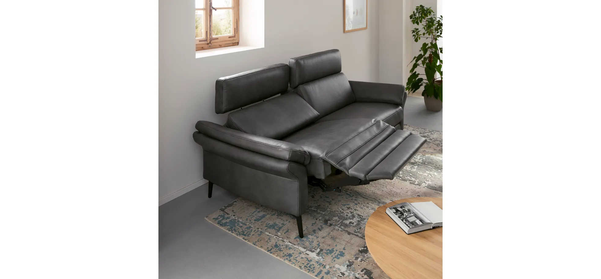 Sofa Atella - 3-Sitzer inkl. motorischer Relax- und Kopfteilverstellung, Leder, Anthrazit