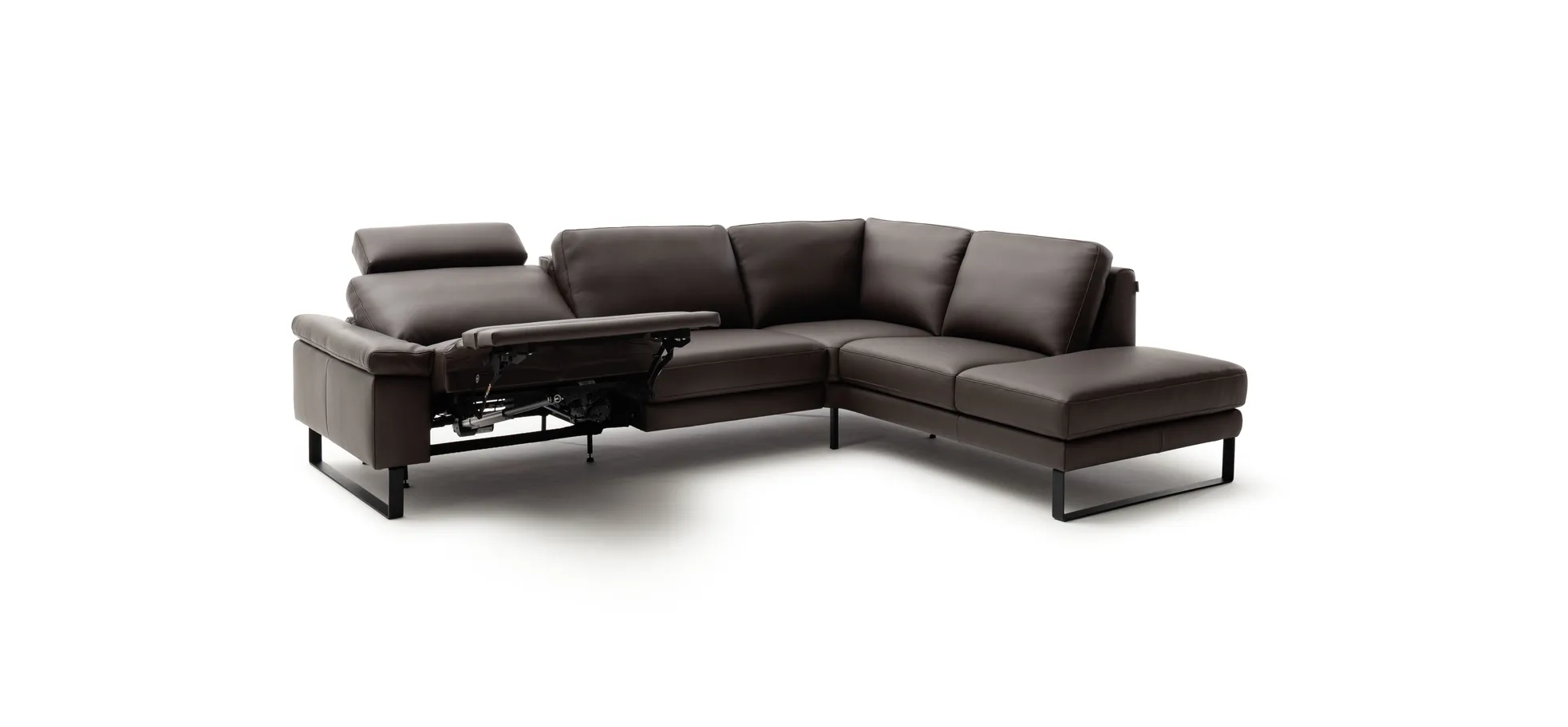 Ecksofa Enna - 3-Sitzer mit Ecke rechts inkl. motorischer Relaxfunktion, Leder, Mocca