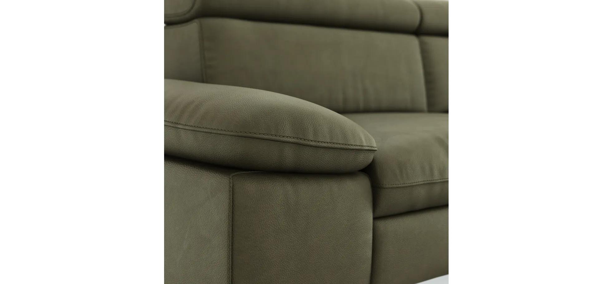 Ecksofa Felipa - 2,5-Sitzer mit Longchair rechts inkl. Kopfteil verstellbar, Leder, Olive