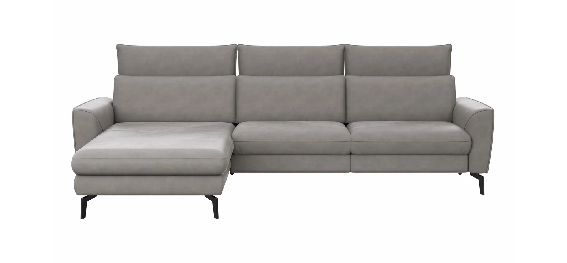 Ecksofa Avela - Longchair mit 2,5-Sitzer rechts inkl. Kopfteile verstellbar, Leder, Steingrau 1291430324