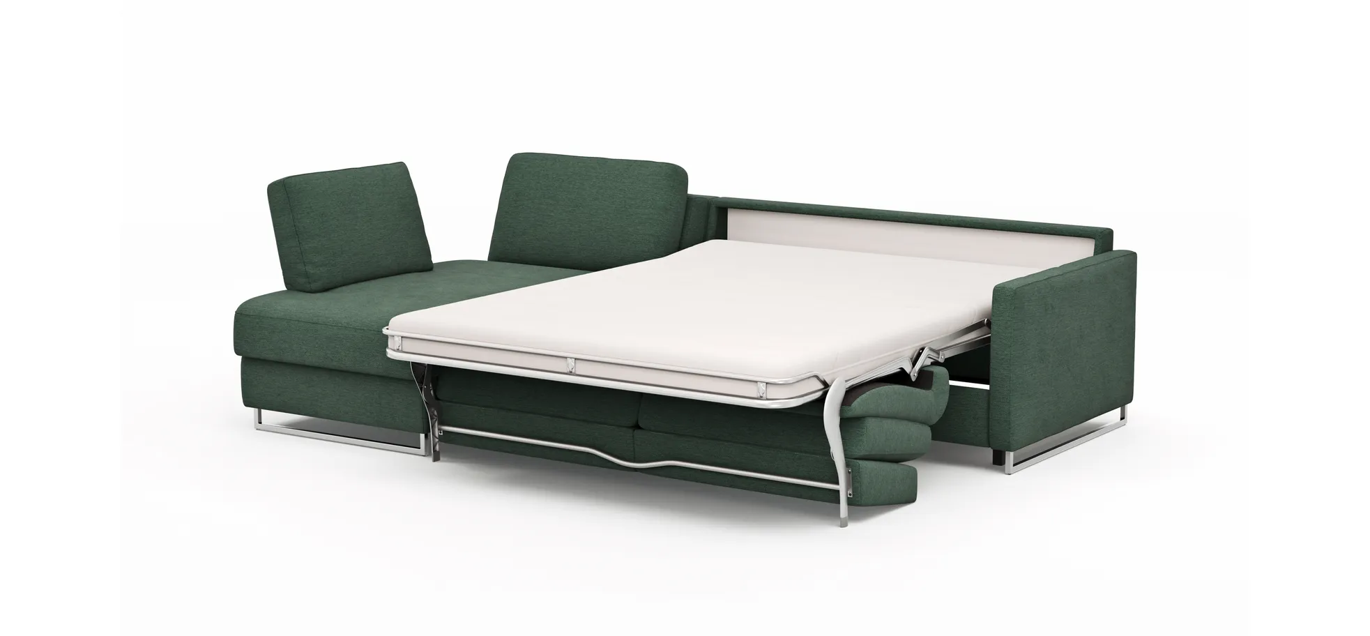 Ecksofa Nuoro - Longchair links mit 2-Sitzer inkl. Schlaffunktion und Bettkasten, Stoff, Dunkelgrün