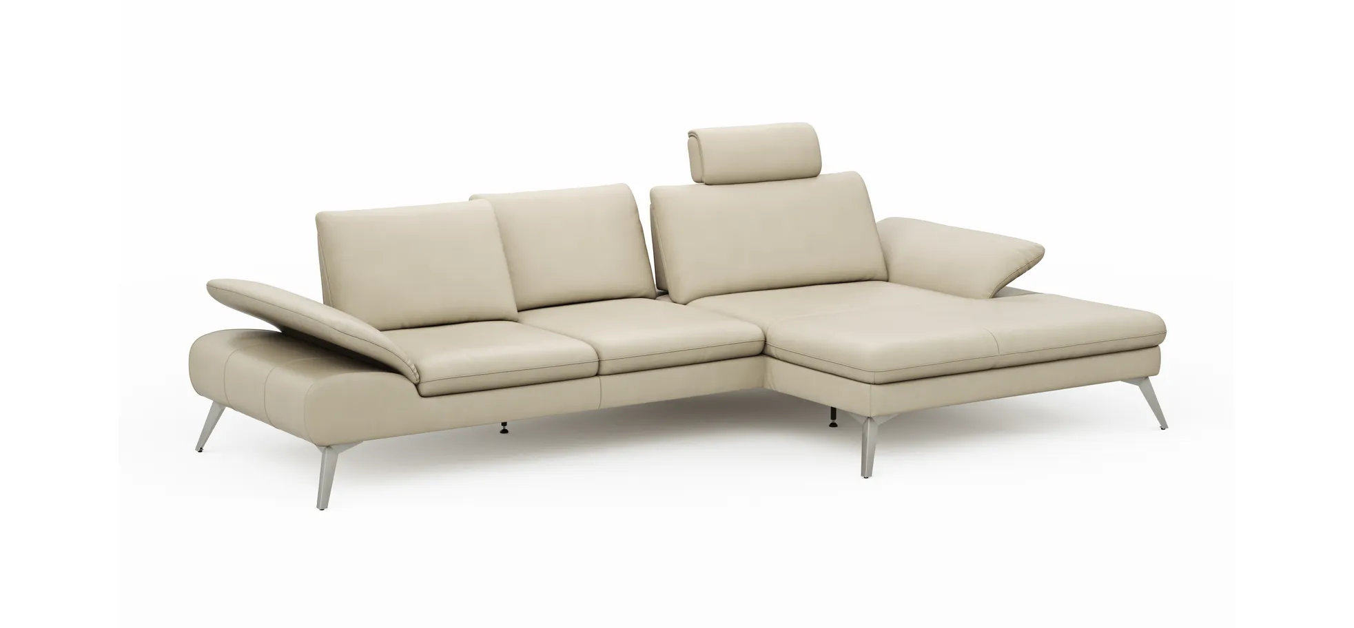 Ecksofa Collina - 2,5-Sitzer, Longchair rechts, inklusive Kopfstütze, Leder, Ecru