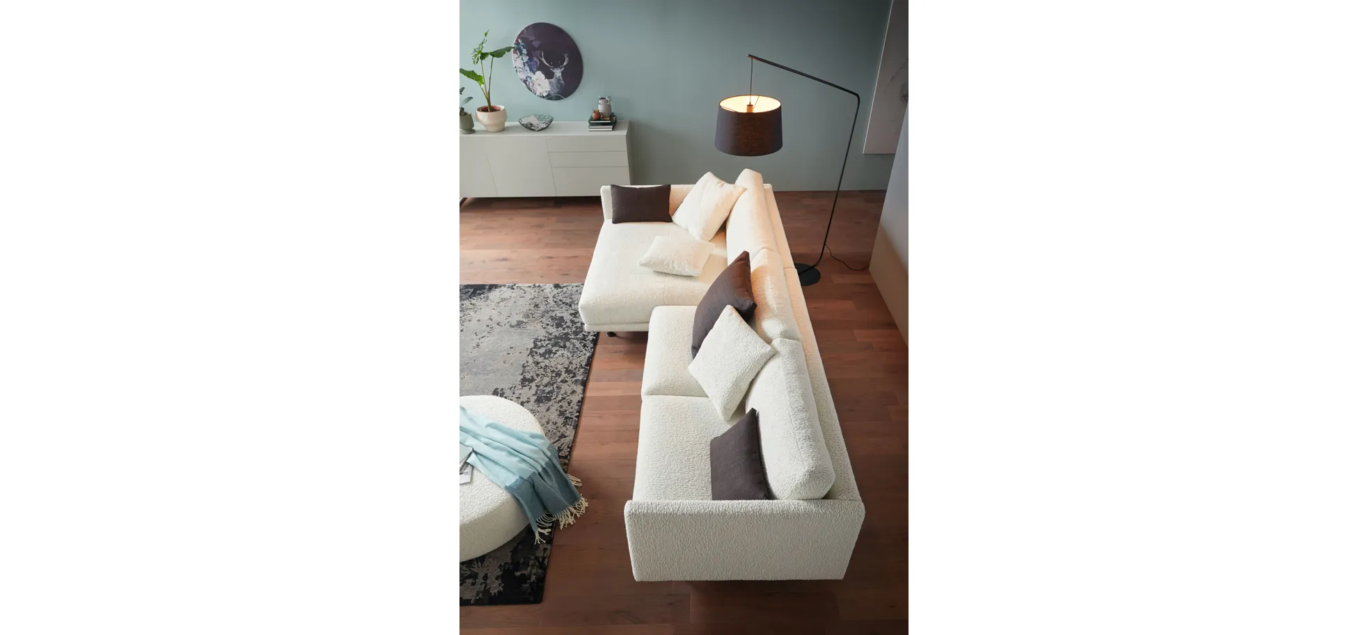 Ecksofa Cuneo - Longchair links, 2-Sitzer, Boucle, Creme
