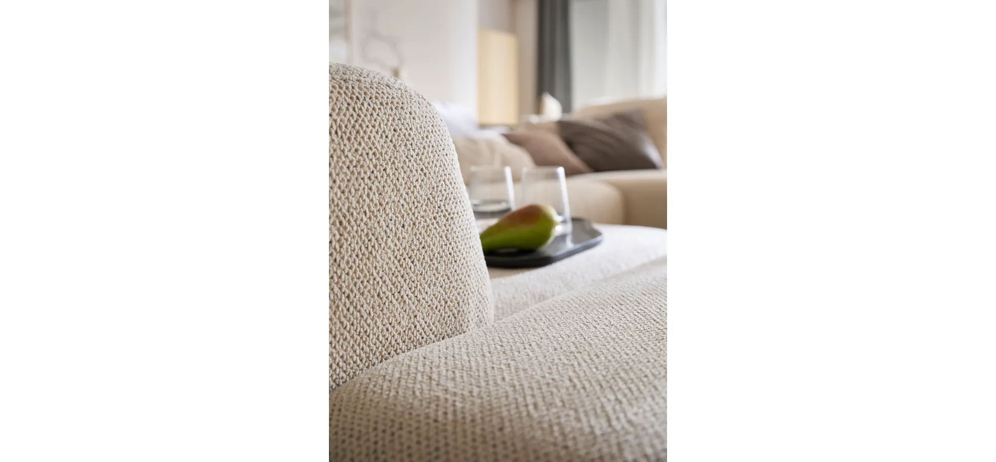 Ecksofa Caruso - Ecke links, 2-Sitzer, Longchair rechts, inklusive Kissen, Stoff, Ecru