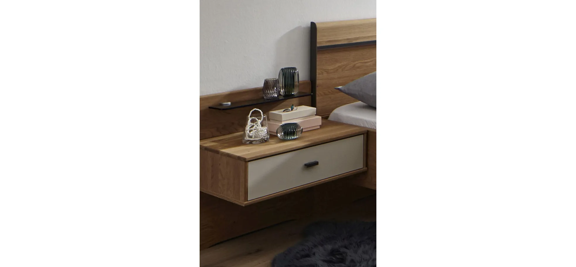 Nachttisch Lenoso - Eiche Nachbildung, Glas Graubraun