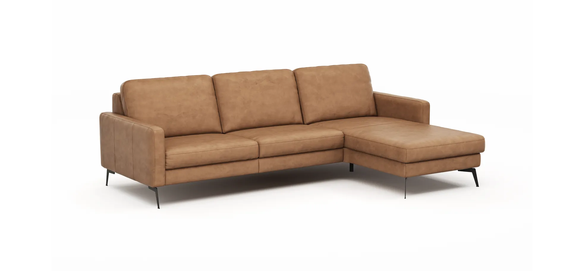 Ecksofa Enna - 3-Sitzer mit Longchair rechts, Armlehne A, Leder, Cognac