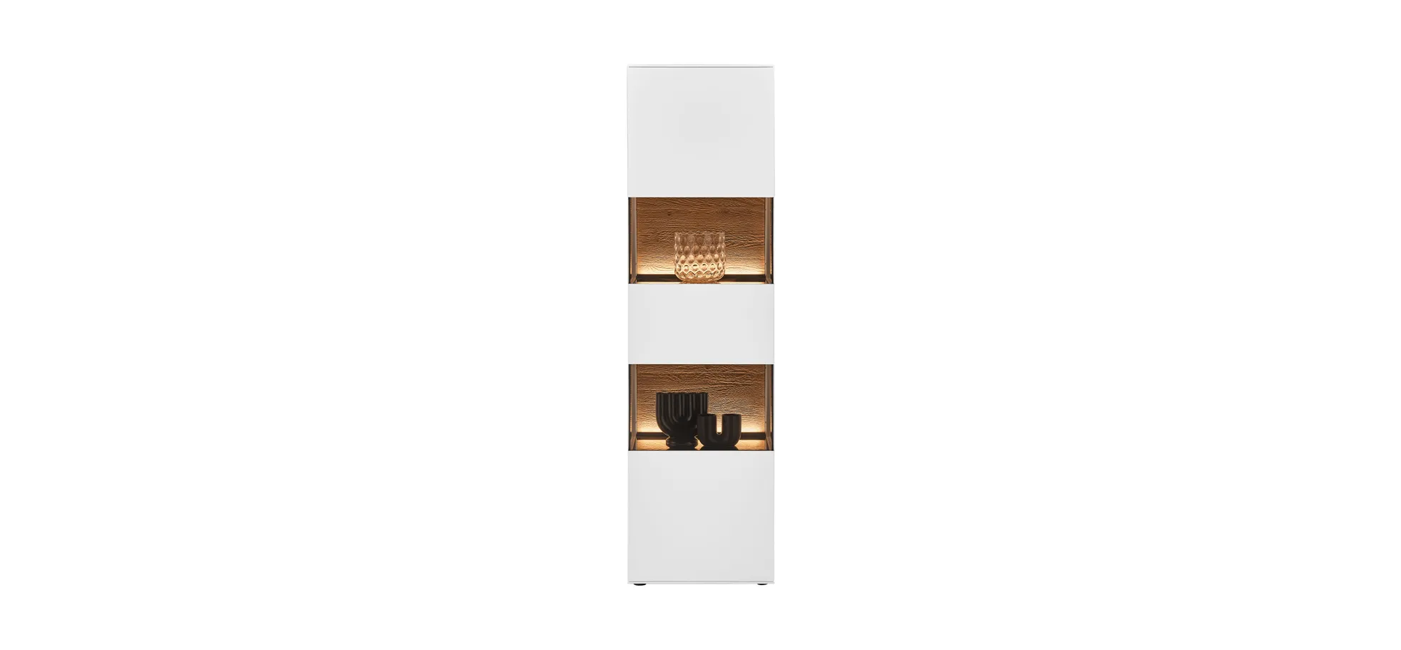 Vitrine - mit Beleuchtung, Birke massiv, Weiß lackiert, Applikation Kerneiche Umato