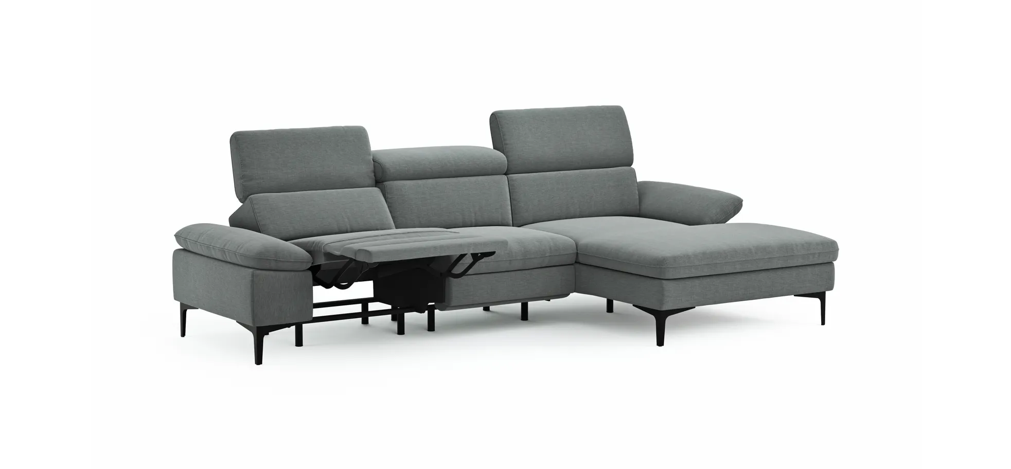 Ecksofa Felipa - 2,5-Sitzer mit Longchair rechts inkl. Armlehne verstellbar und Rückenlehne/Sitztiefe verstellbar (motorisch), Stoff, Grau