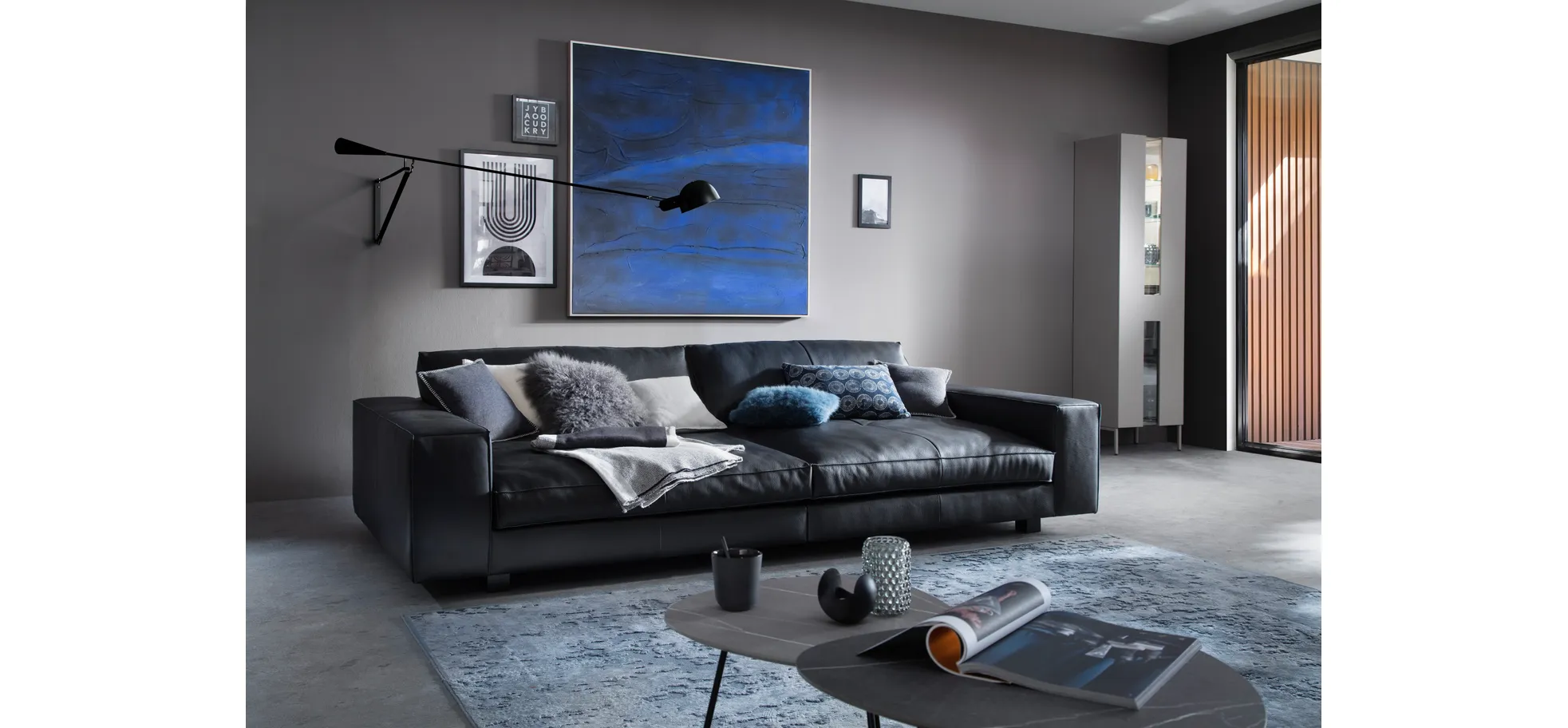 Sofa Aprino 1 - 4-Sitzer XXL, Leder, Schwarz, Armlehne Block