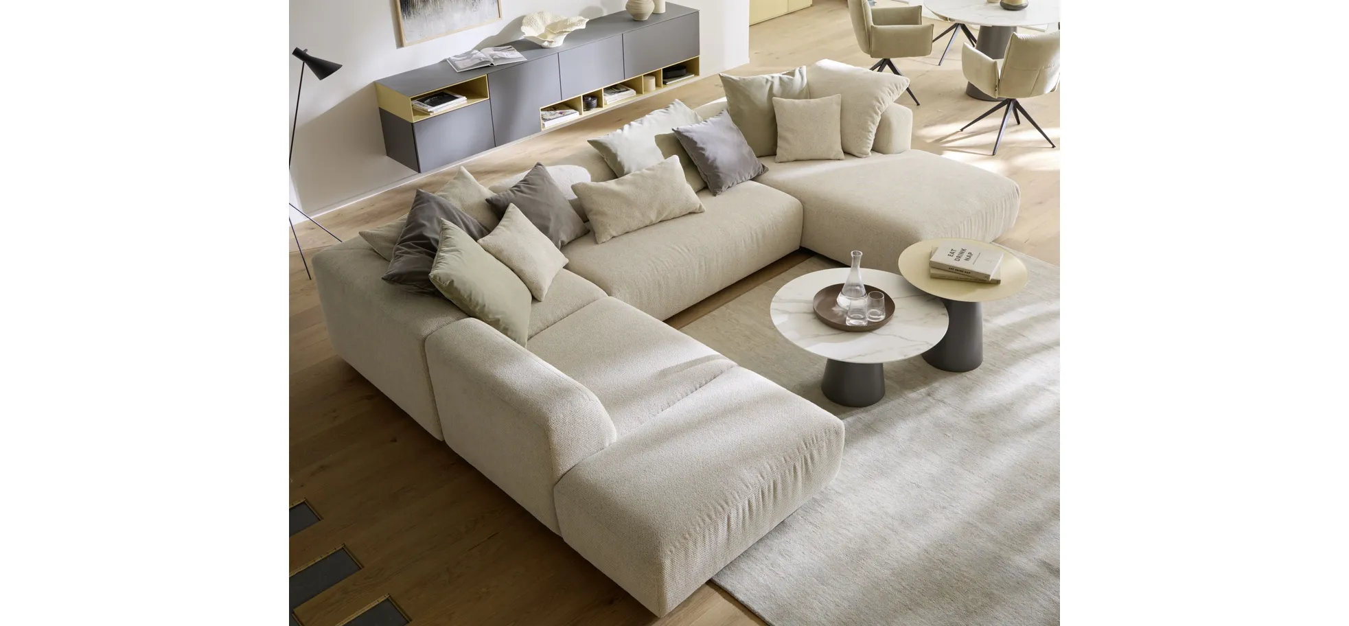 Ecksofa Caruso - Ecke links, 2-Sitzer, Longchair rechts, inklusive Kissen, Stoff, Ecru 9152357