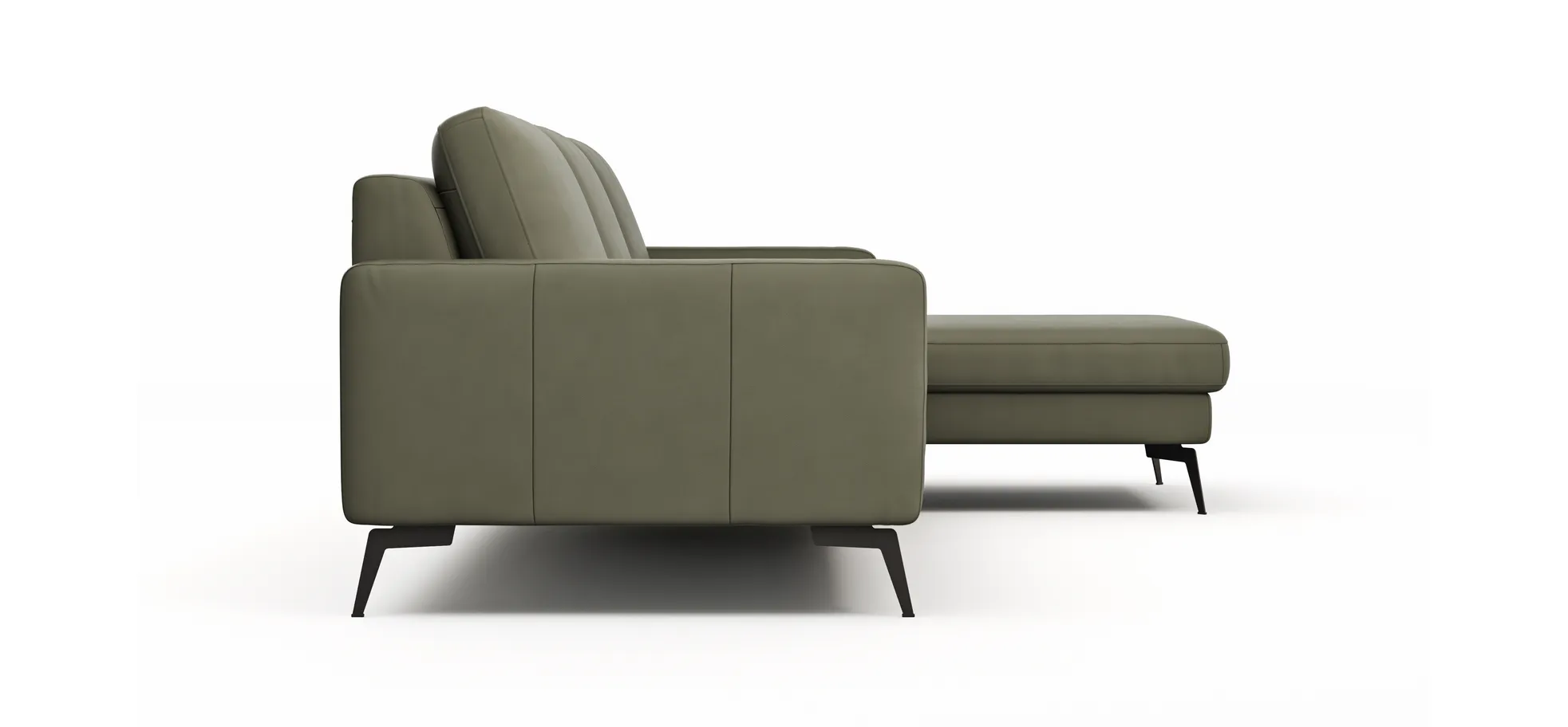 Ecksofa Enna - 3-Sitzer mit Longchair rechts, Armlehne A, Leder, Olive