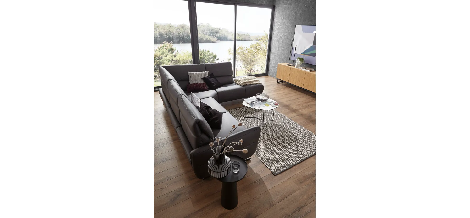 Ecksofa Managa - 2-Sitzer mit Ecke und Abschlussteil rechts inkl. Relaxfunktion (motorisch) und Kopfteilverstellung (motorisch), Leder, Anthrazit