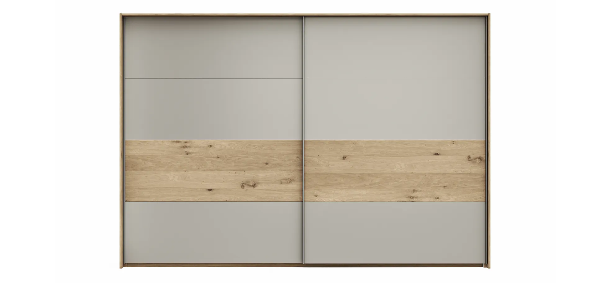 Schwebetürenschrank Viana - B ca. 308 cm, Furnier, Balkeneiche, Hellgrau