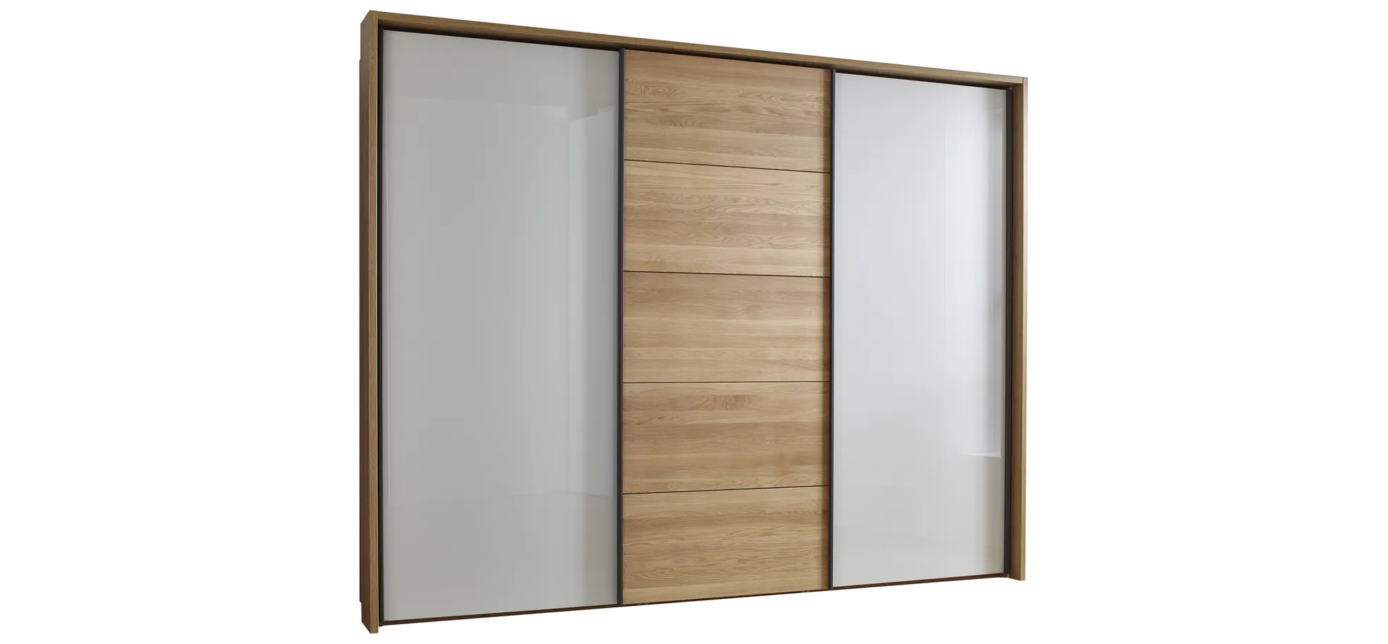 Schwebetürenschrank Lenoso -  B. ca. 260 cm, Eiche massiv, Glas, Champagner