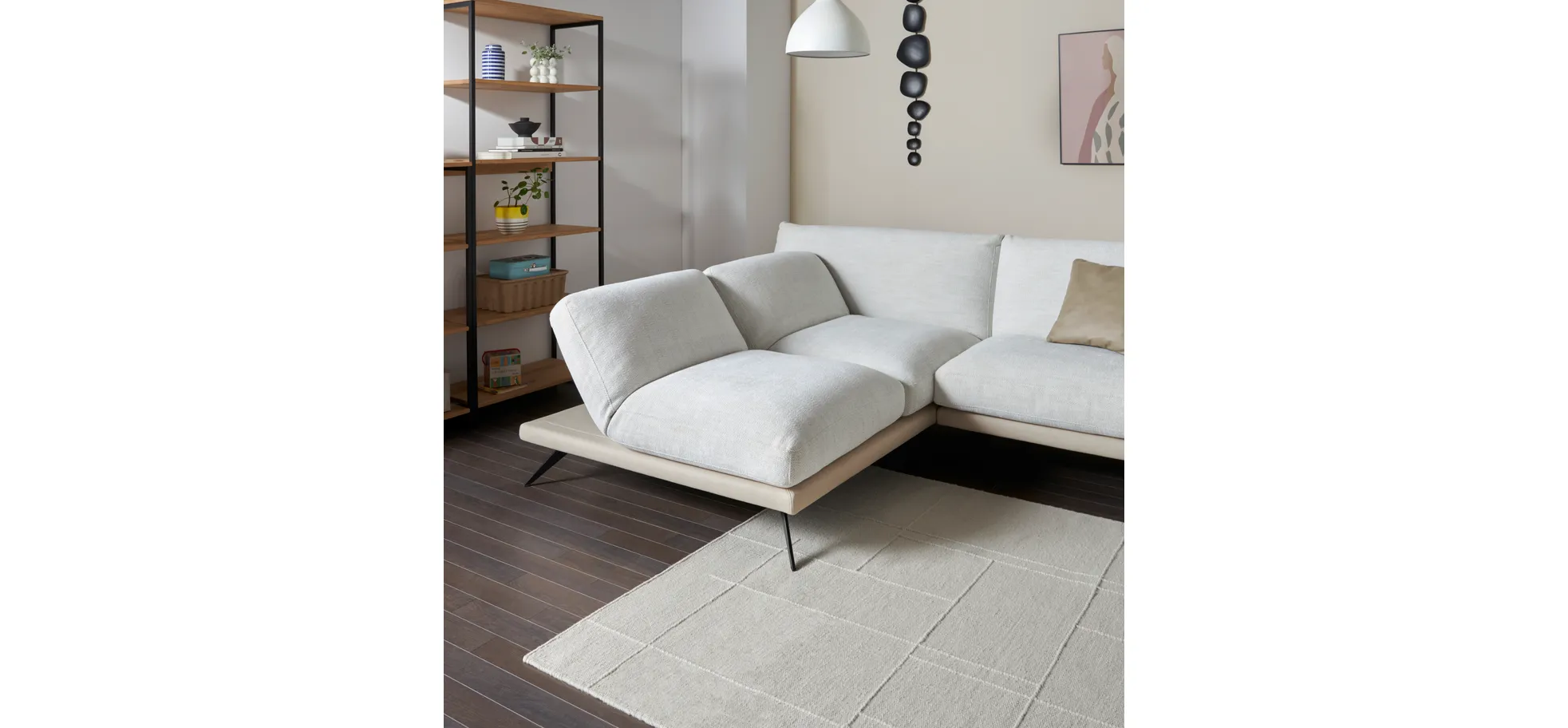 Ecksofa Valdemoro - Longchair mit 2,5-Sitzer rechts inkl. Rückenlehne verstellbar, Stoff, Creme