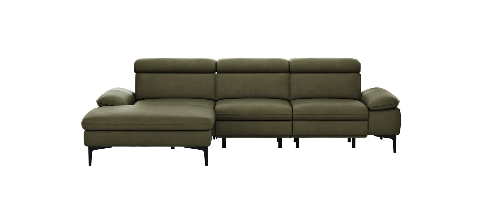 Ecksofa Felipa - Longchair links mit 2,5-Sitzer inkl. Armlehne verstellbar und Rückenlehne/Sitztiefe verstellbar (motorisch), Leder, Olive 105114