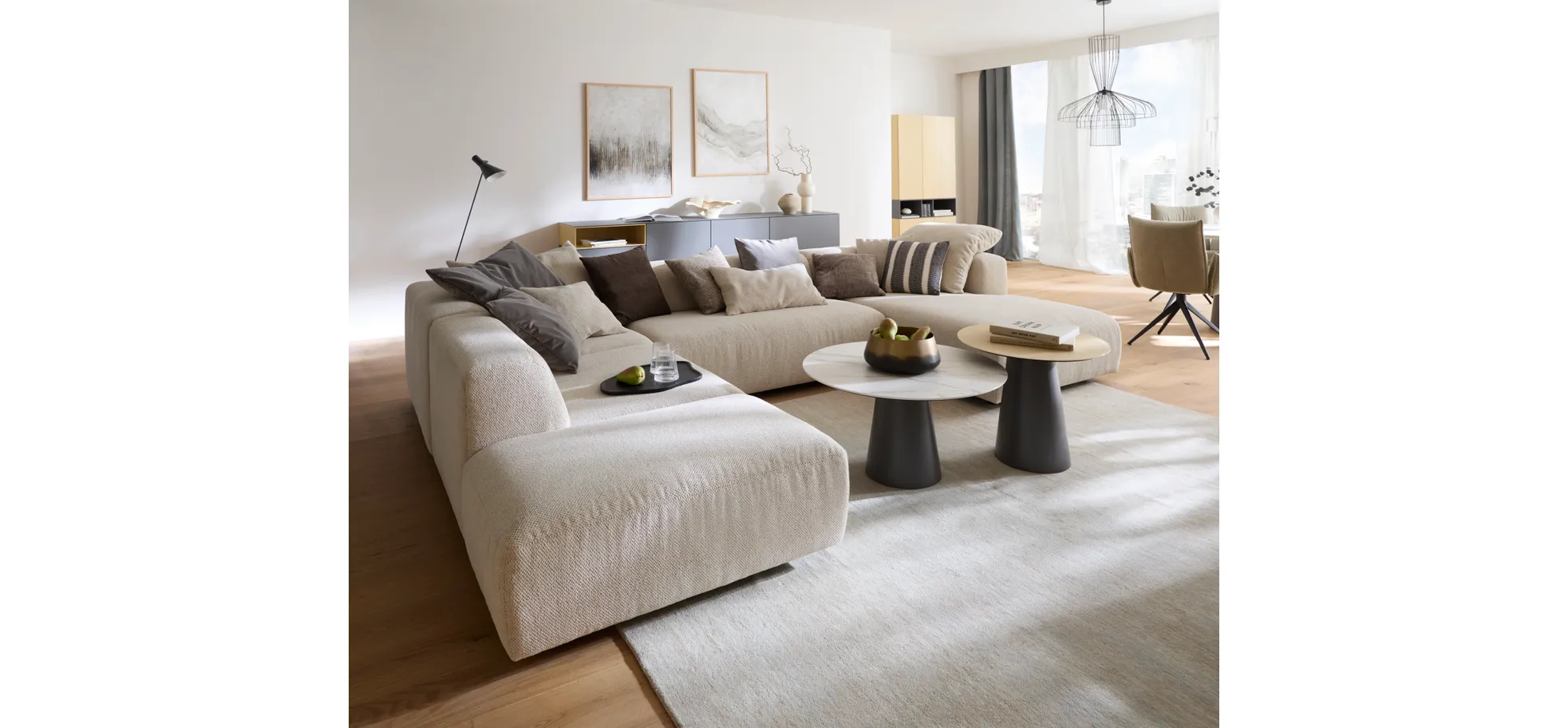 Ecksofa Caruso - Ecke links, 2-Sitzer, Longchair rechts, inklusive Kissen, Stoff, Ecru
