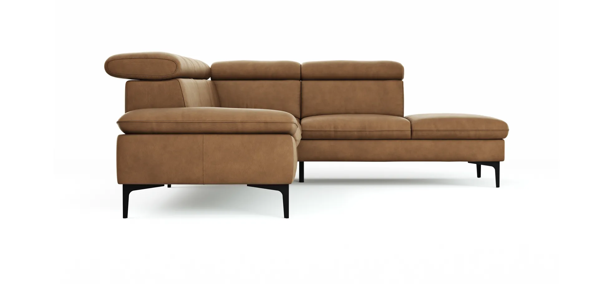Ecksofa Felipa - 2,5-Sitzer mit Ecke rechts inkl. Kopfteil verstellbar, Leder, Cognac