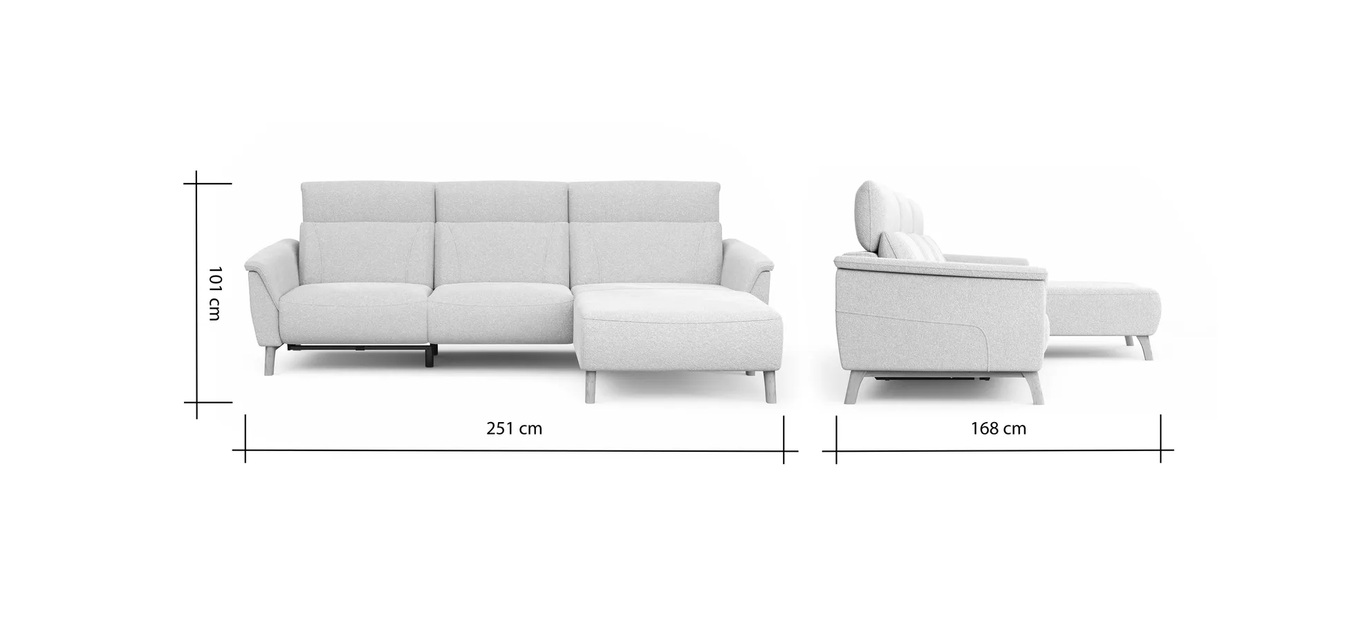 Ecksofa Nevin - 2-Sitzer mit Longchair rechts, inkl. Relaxfunktion (motorisch) und Kopfpolsterverstellung, Stoff, Weiß
