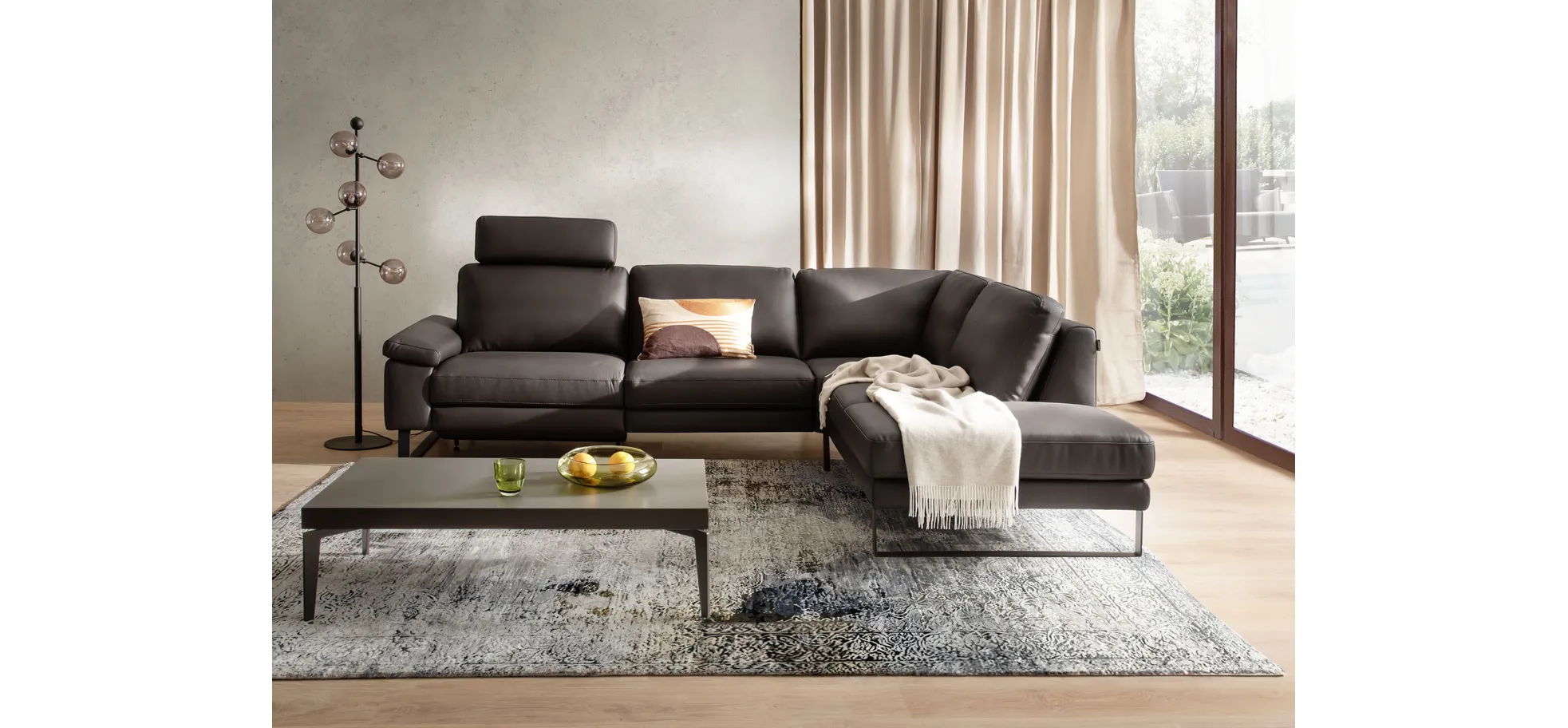 Ecksofa Enna - 3-Sitzer mit Ecke rechts, Leder Mocca