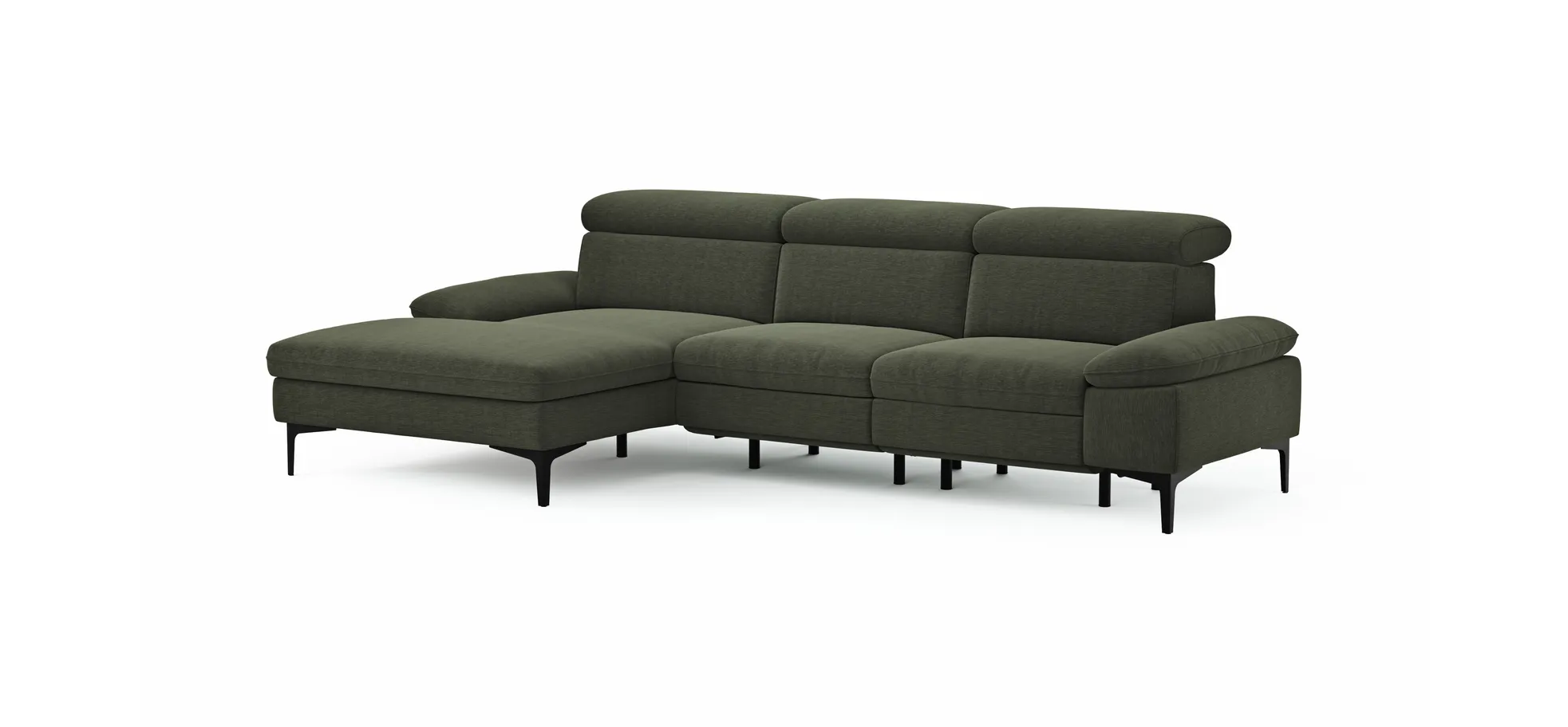 Ecksofa Felipa - Longchair links mit 2,5-Sitzer inkl. Armlehne verstellbar und Rückenlehne/Sitztiefe verstellbar (motorisch), Stoff, Dunkelgrün