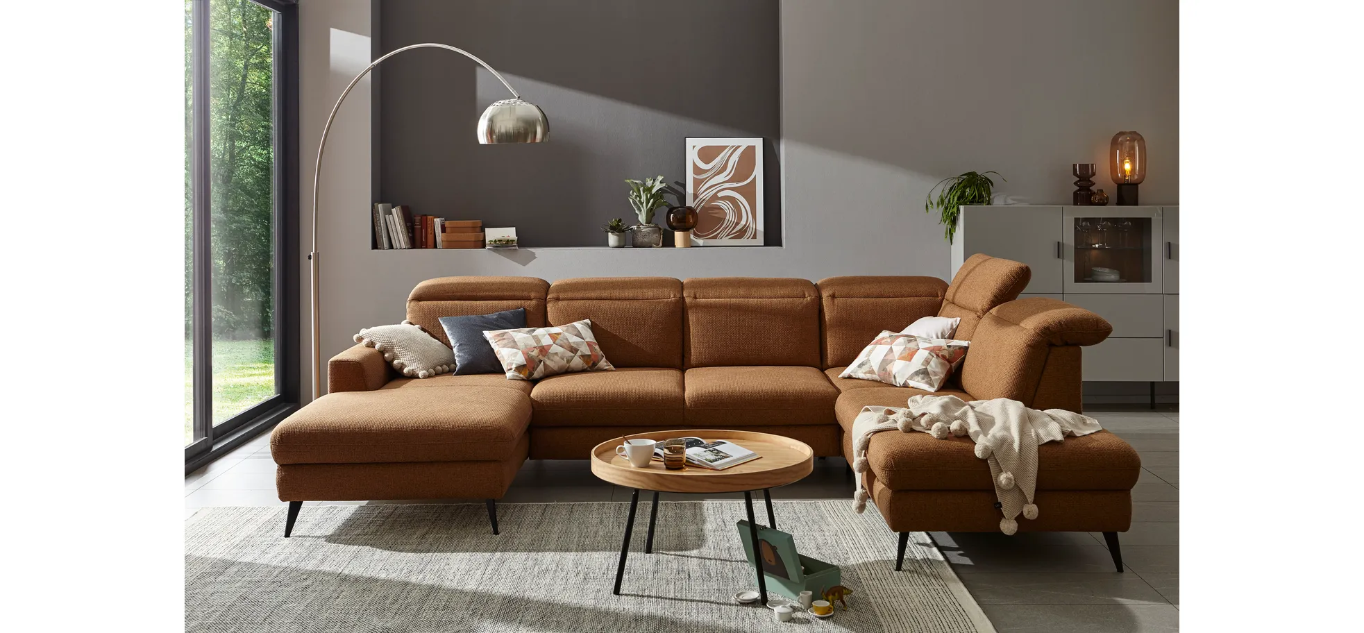 Wohnlandschaft Alegria - Longchair links mit 2,5-Sitzer und Ecke rechts inkl. Kopfteil/ Sitztiefe verstellbar, Stoff, Kurkuma