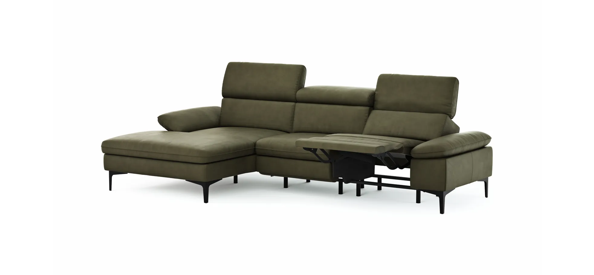 Ecksofa Felipa - Longchair links mit 2,5-Sitzer inkl. Armlehne verstellbar und Rückenlehne/Sitztiefe verstellbar (motorisch), Leder, Olive