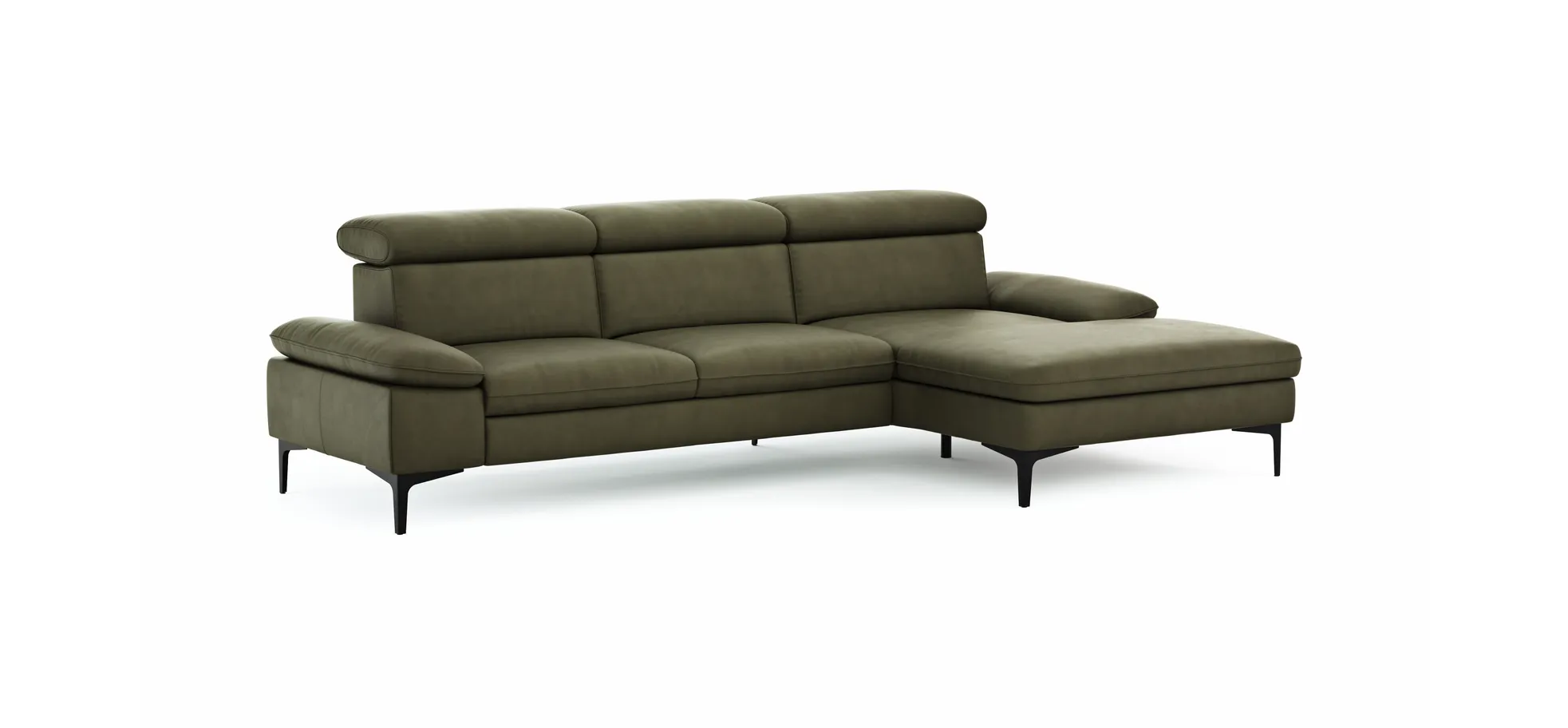 Ecksofa Felipa - 2,5-Sitzer mit Longchair rechts inkl. Kopfteil verstellbar, Leder, Olive