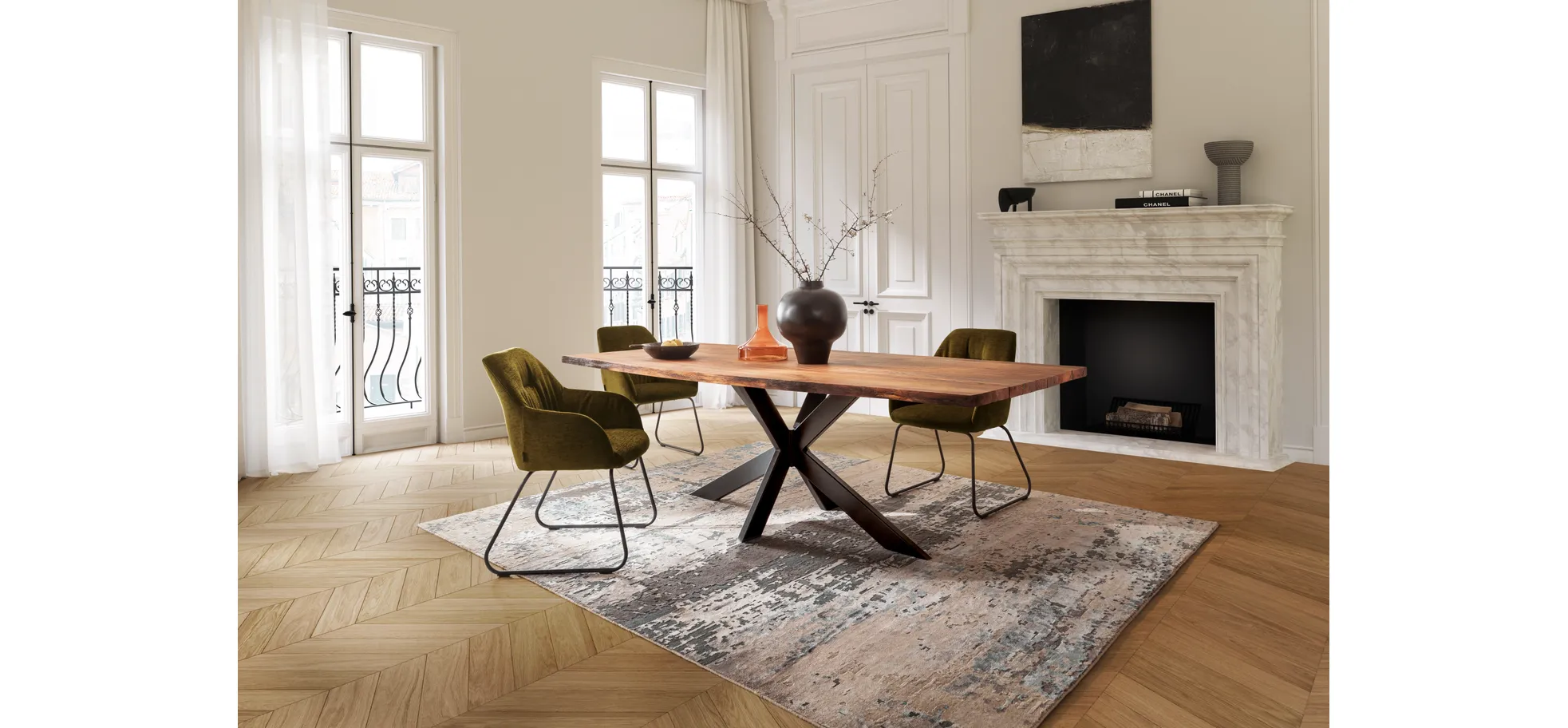 Esstisch Duna - LB ca. 260x100 cm, Wildeiche Massiv, Geölt, Sternengestell