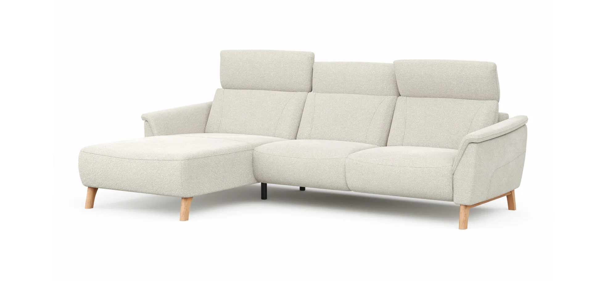Ecksofa Nevin - Longchair links mit 2-Sitzer rechts, inkl. Kopfpolsterverstellung, Stoff, Weiß