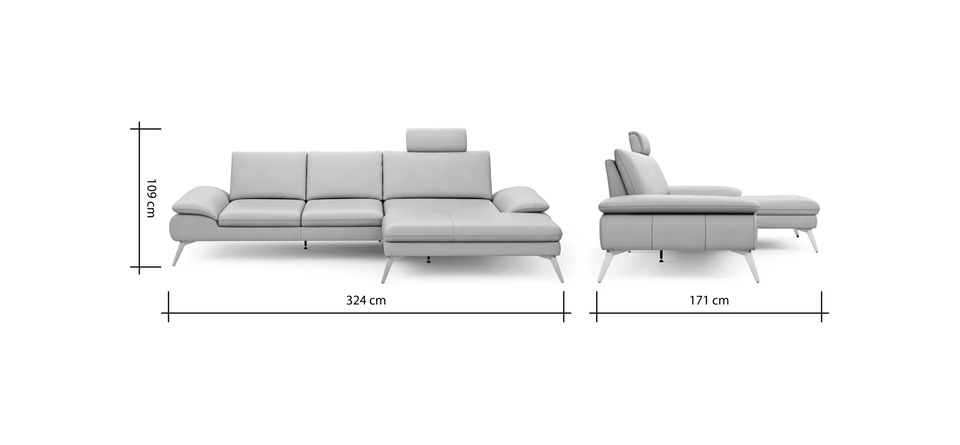 Ecksofa Collina - 2,5-Sitzer, Longchair rechts, inklusive Kopfstütze, Leder, Ecru
