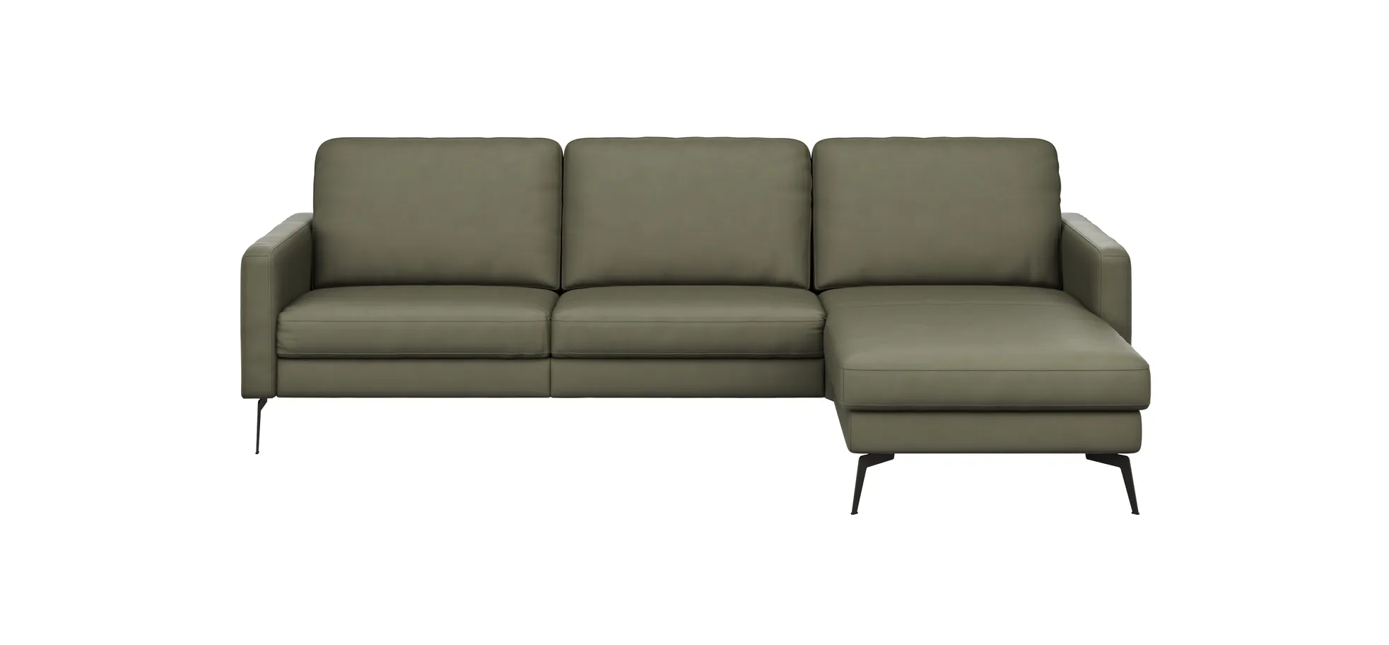 Ecksofa Enna - 3-Sitzer mit Longchair rechts, Armlehne A, Leder, Olive 130930