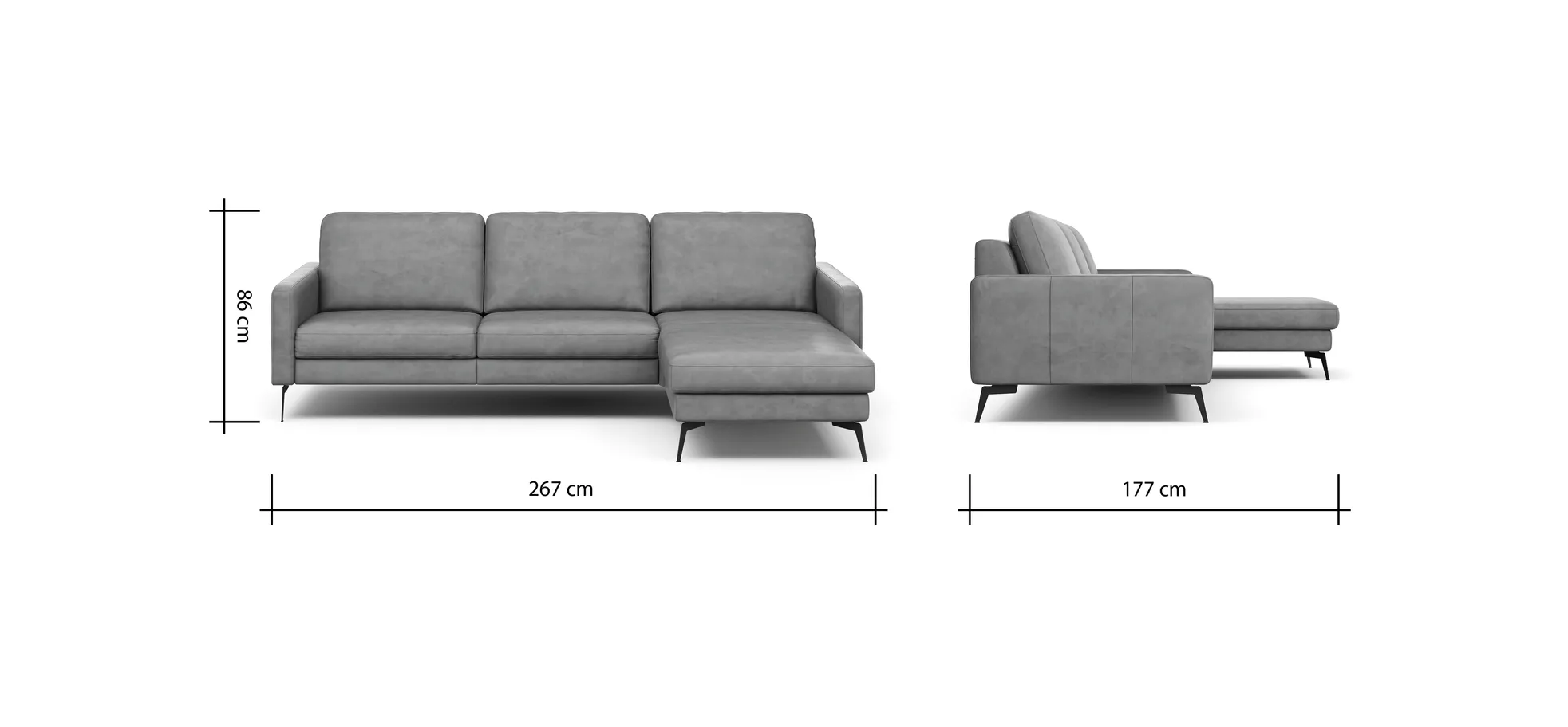 Ecksofa Enna - 3-Sitzer mit Longchair rechts, Armlehne A, Leder, Schwarz