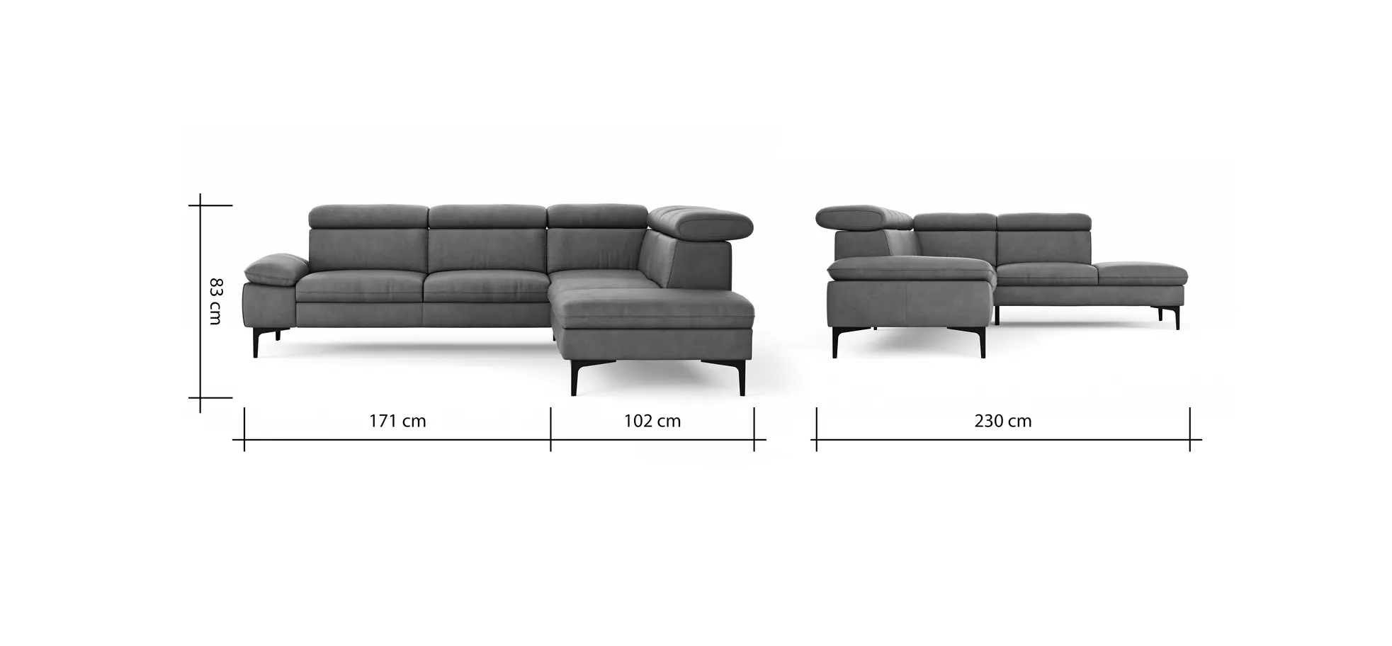 Ecksofa Felipa - 2,5-Sitzer mit Ecke rechts inkl. Kopfteil verstellbar, Leder, Cognac