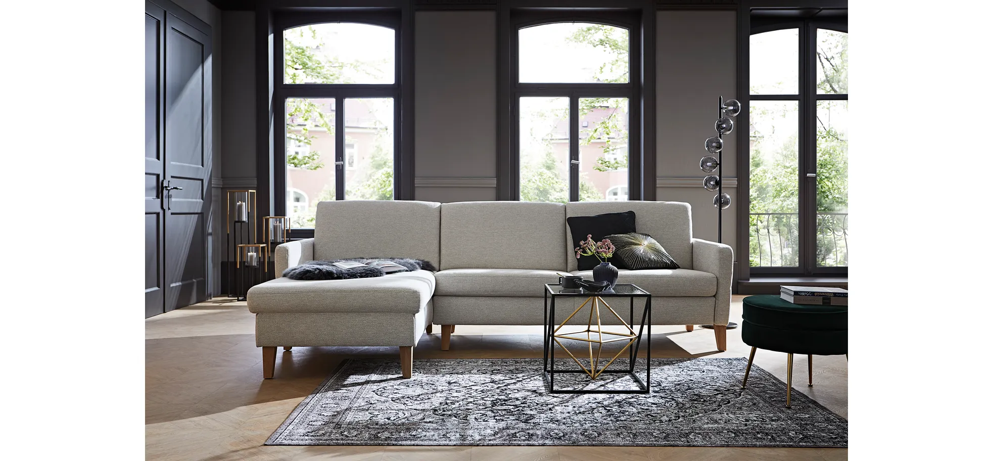 Ecksofa Arima - Longchair links mit 2,5-Sitzer, Stoff, Creme