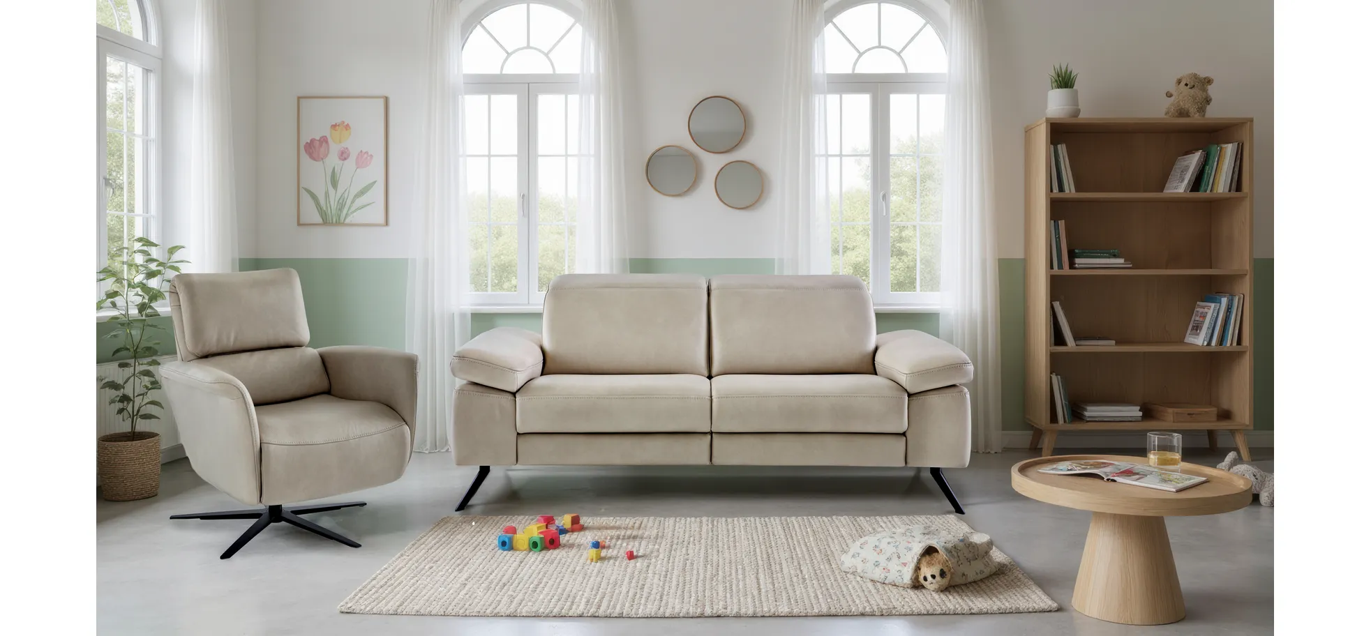 Sofa Rafaela 2.0 - 2,5-Sitzer inkl. 1x Relaxfunktion und Kopfteile verstellbar, Leder, Champagner