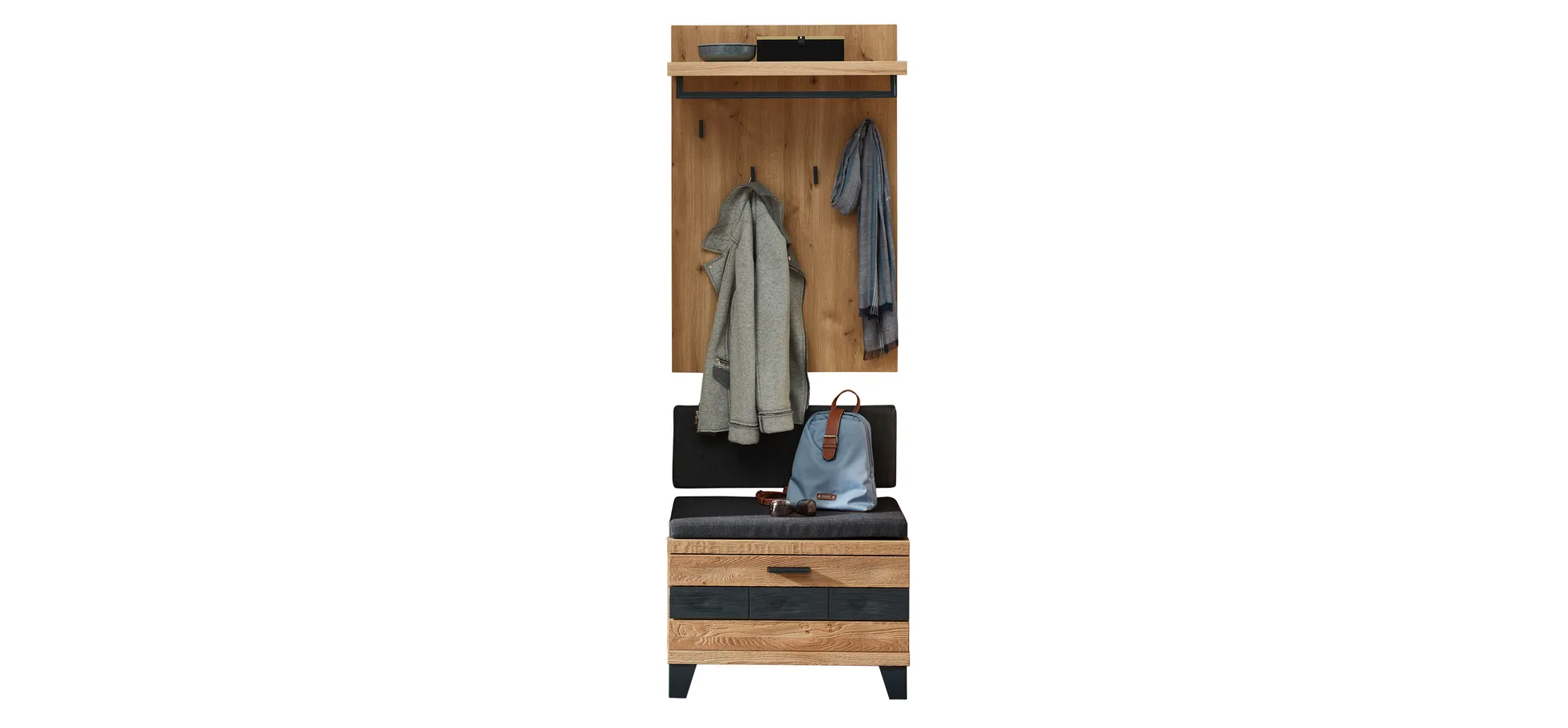 Garderobenpaneel mit Bank - B/H/T 70x108x31 cm, Wildeiche massiv