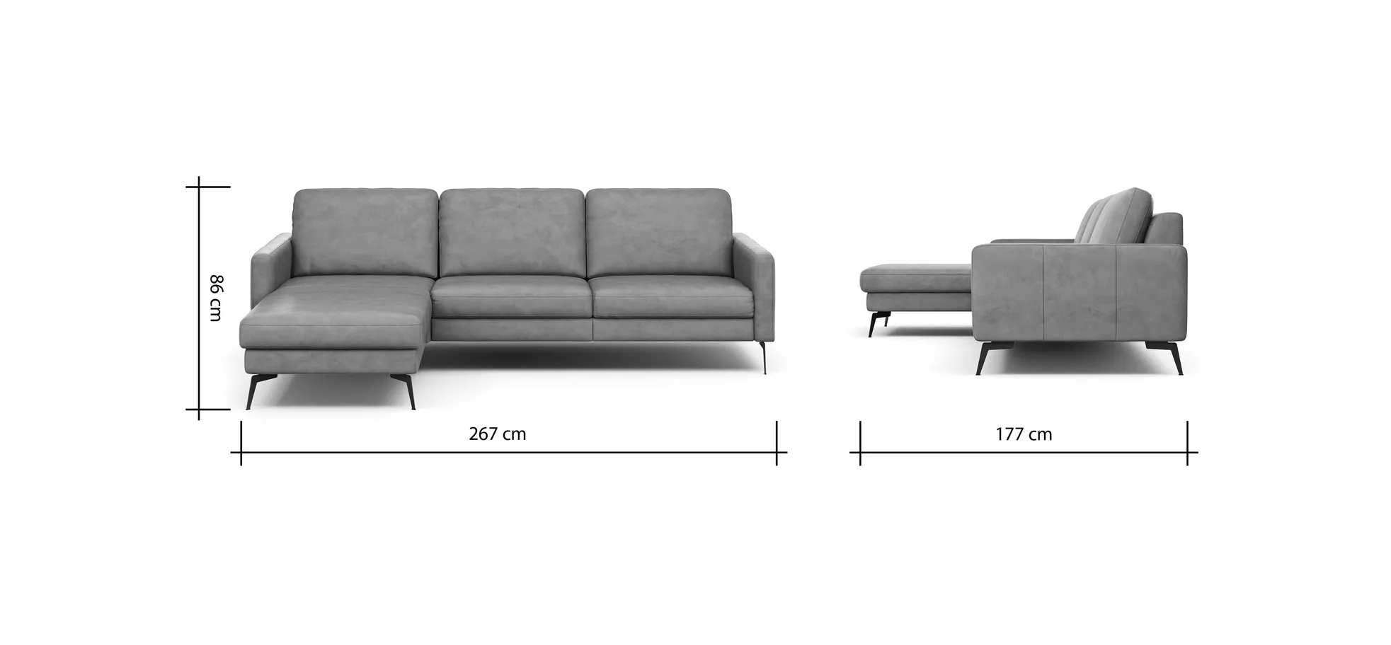Ecksofa Enna - Longchair Links mit 3-Sitzer, Armlehne A, Leder, Schwarz