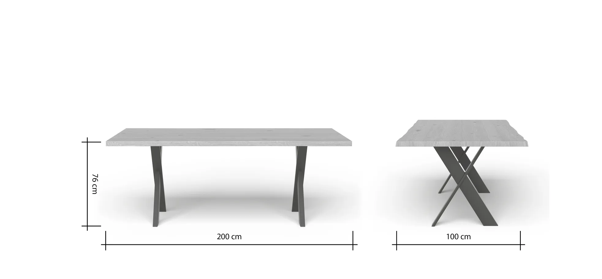 Esstisch 3100 - LB ca. 200x100 cm, Asteiche massiv, Waldkante, Kreuzfuß, Schwarz