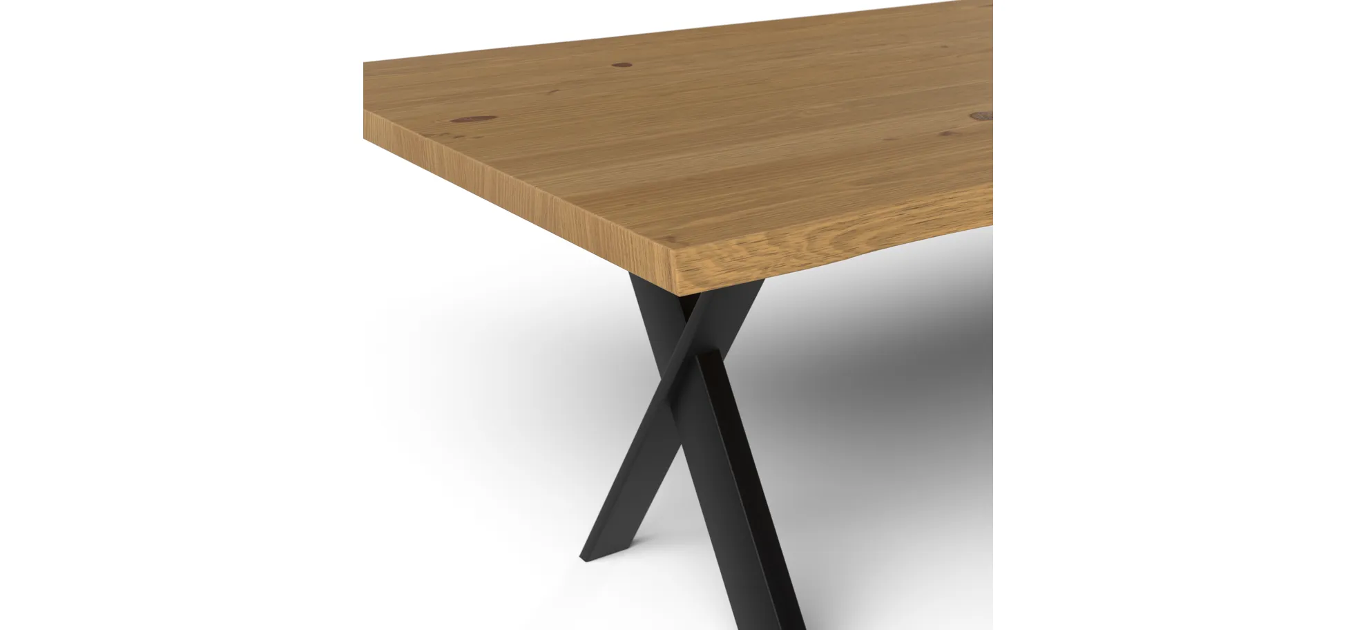Esstisch 3100 - LB ca. 350x100 cm, Asteiche massiv, Waldkante, Kreuzfuß, Schwarz