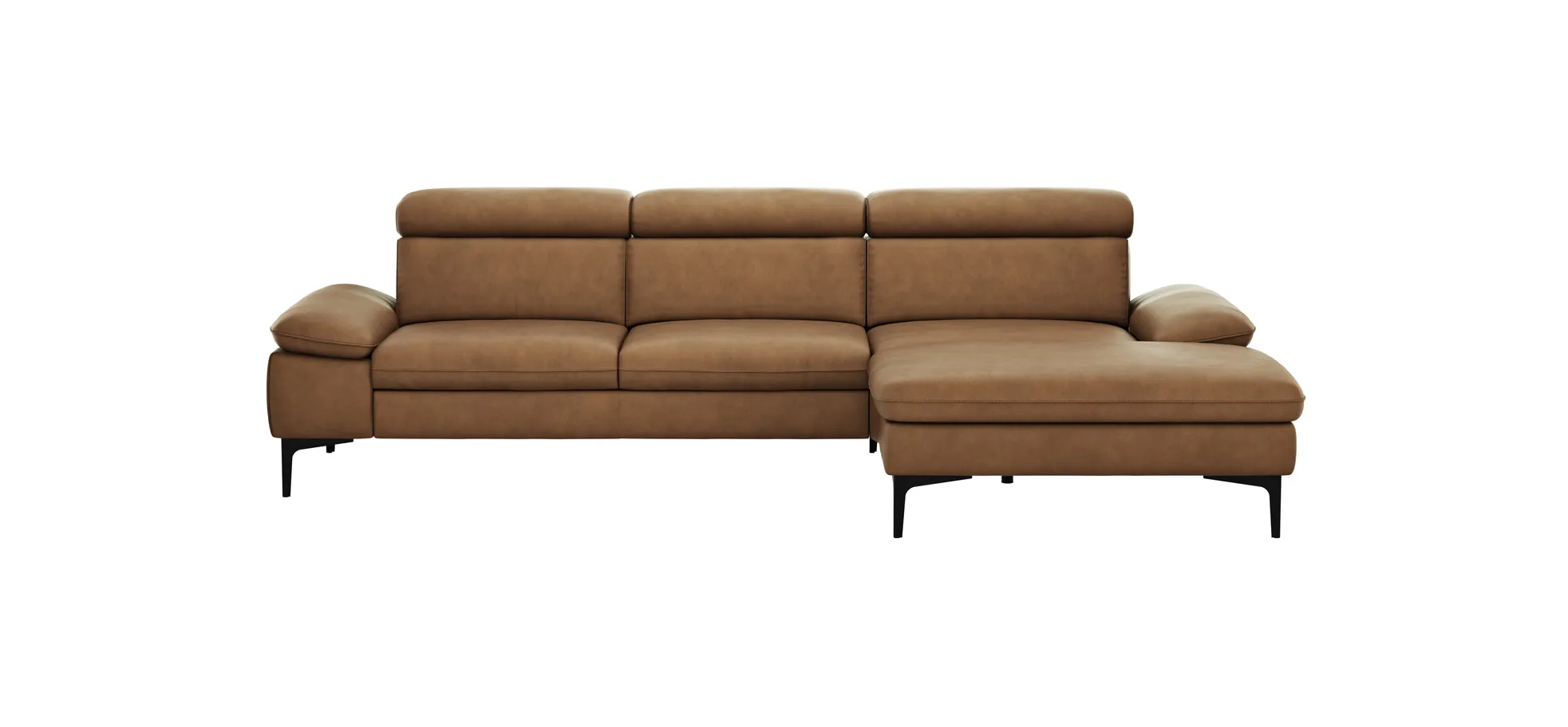 Ecksofa Felipa - 2,5-Sitzer mit Longchair rechts inkl. Kopfteil verstellbar, Leder, Cognac 105130
