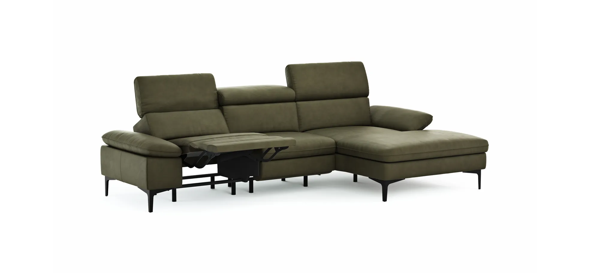 Ecksofa Felipa - 2,5-Sitzer mit Longchair rechts inkl. Armlehne verstellbar und Rückenlehne/Sitztiefe verstellbar (motorisch), Leder, Olive