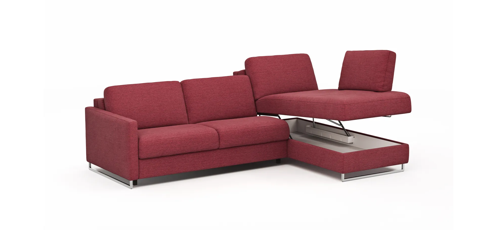 Ecksofa Nuoro - 2-Sitzer mit Longchair rechts inkl. Schlaffunktion und Bettkasten, Stoff, Rubin