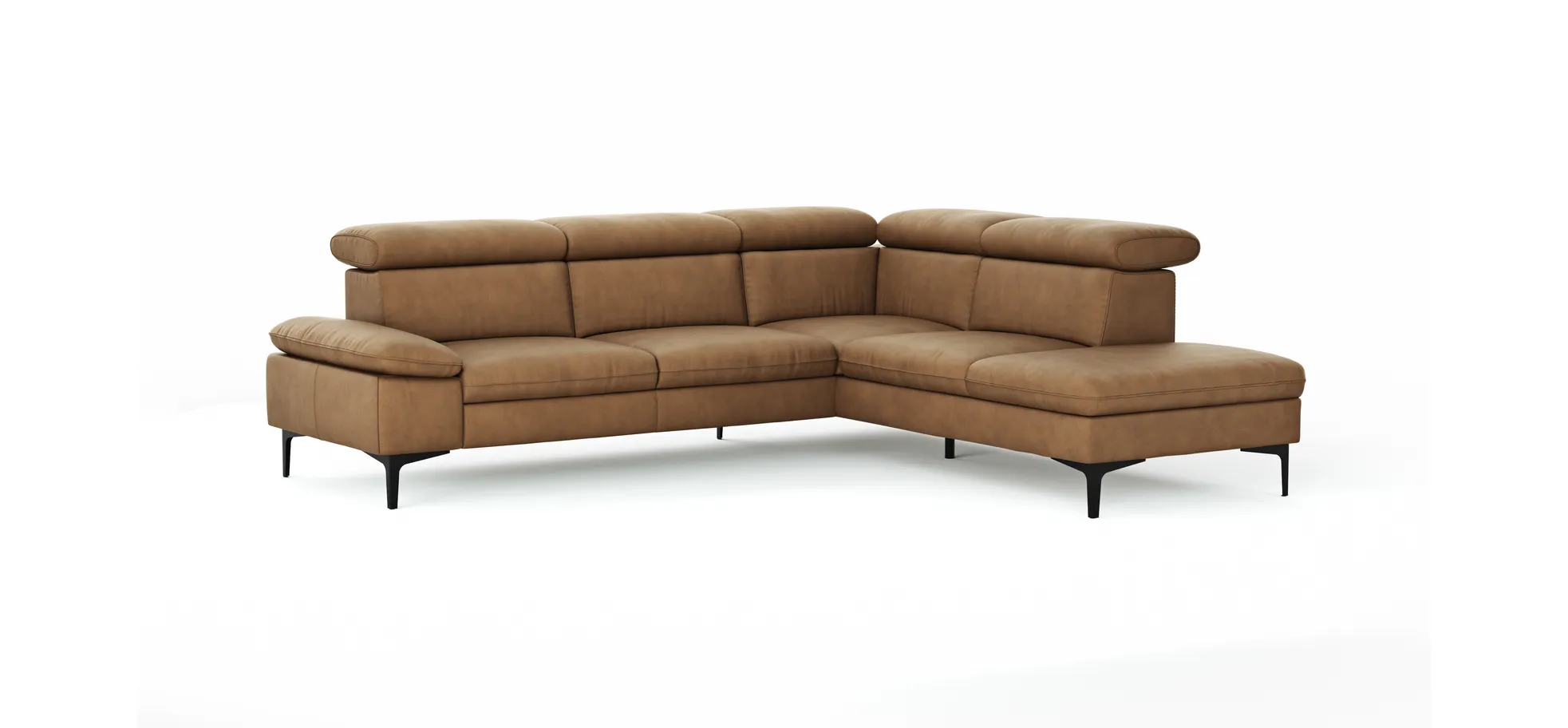 Ecksofa Felipa - 2,5-Sitzer mit Ecke rechts inkl. Kopfteil verstellbar, Leder, Cognac