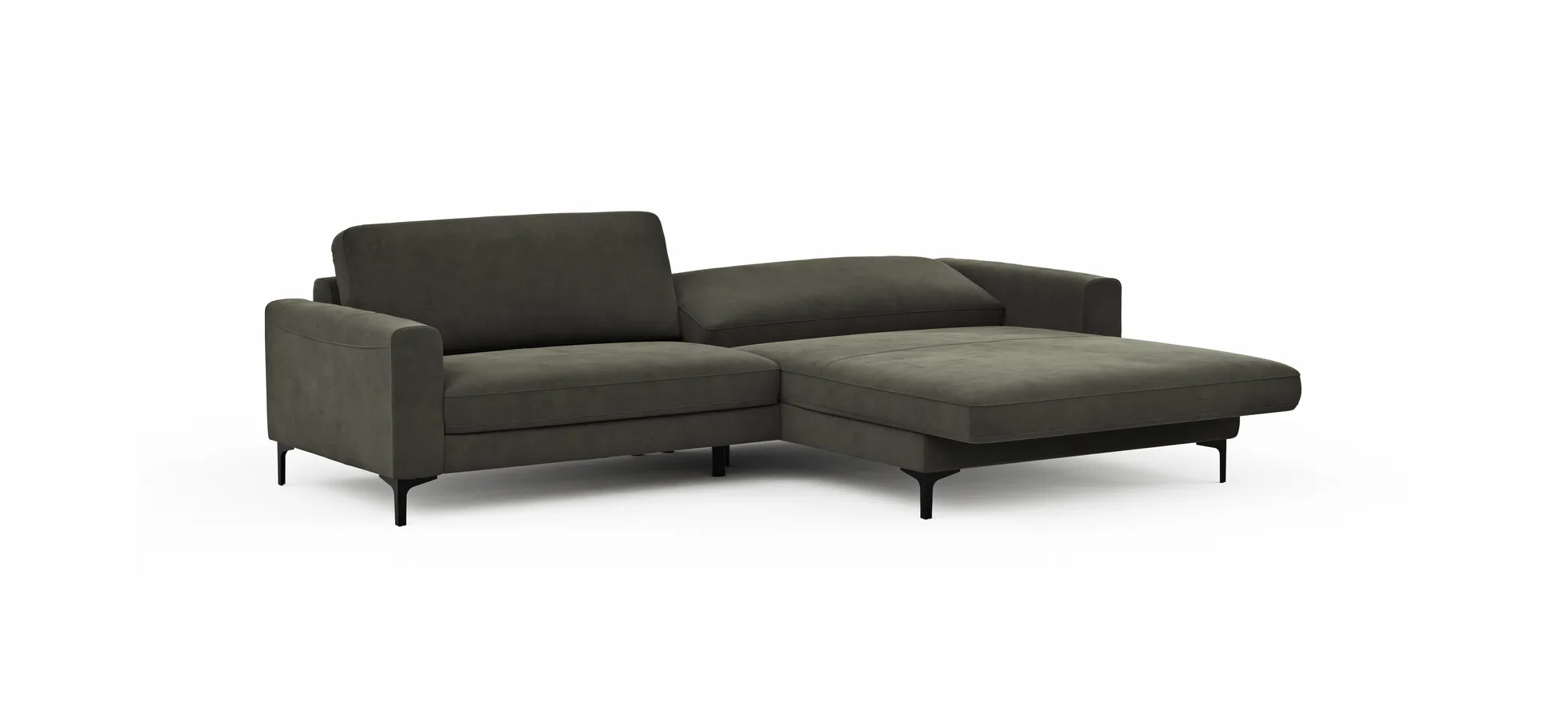 Ecksofa Oviedo - 1,5-Sitzer mit Longchair rechts inkl. Relaxfunktion (motorisch), Stoff, Braungrün
